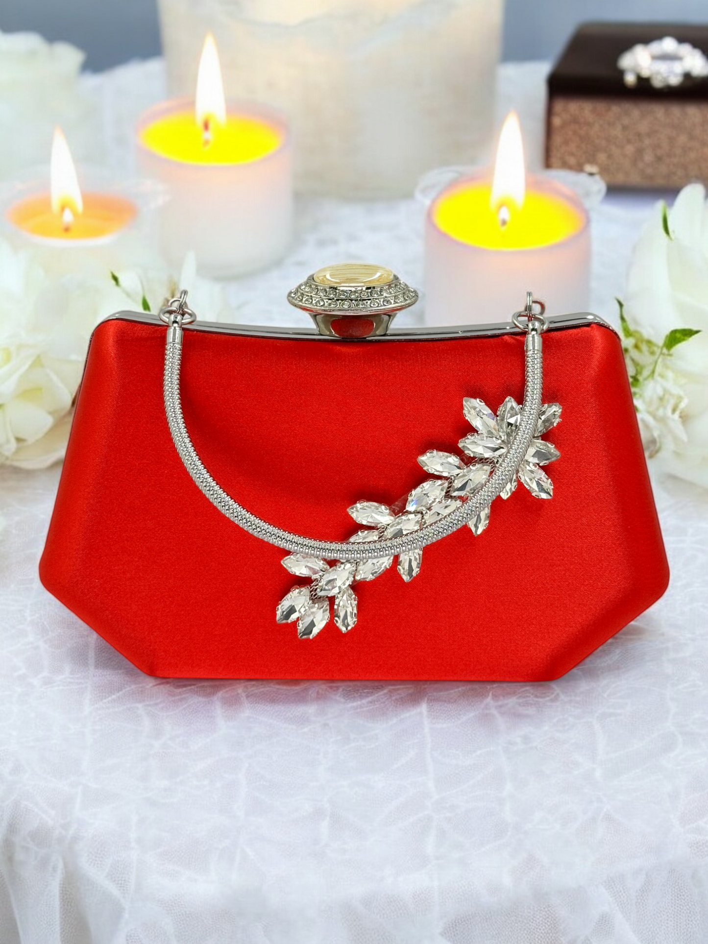 Kırmızı Saten Lüks Abiye Çanta | Kristal Taşlı İnci Clutch