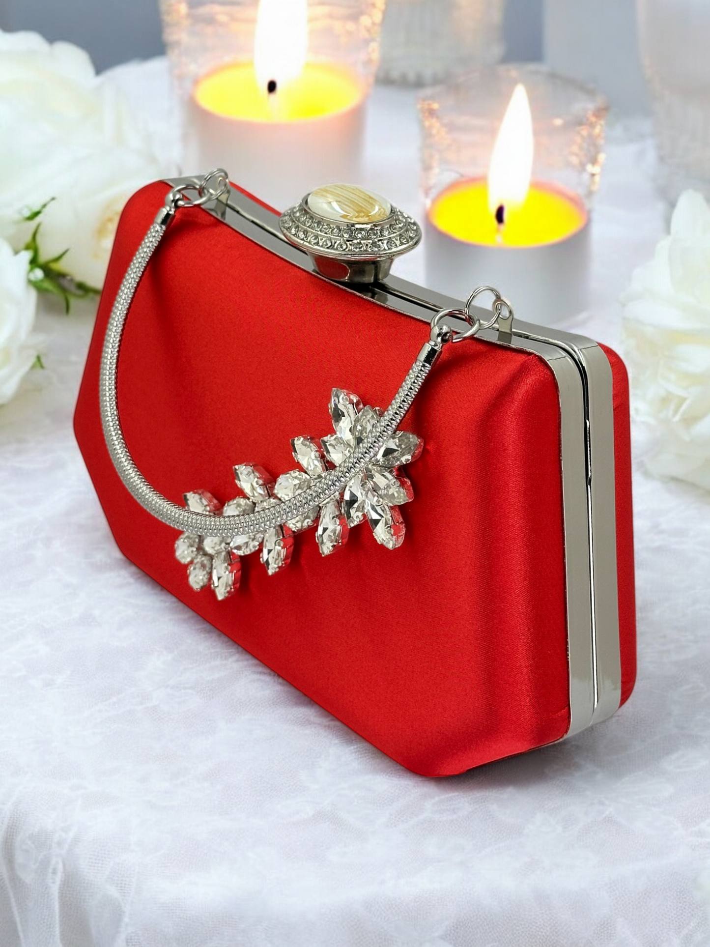 Kırmızı Saten Lüks Abiye Çanta | Kristal Taşlı İnci Clutch