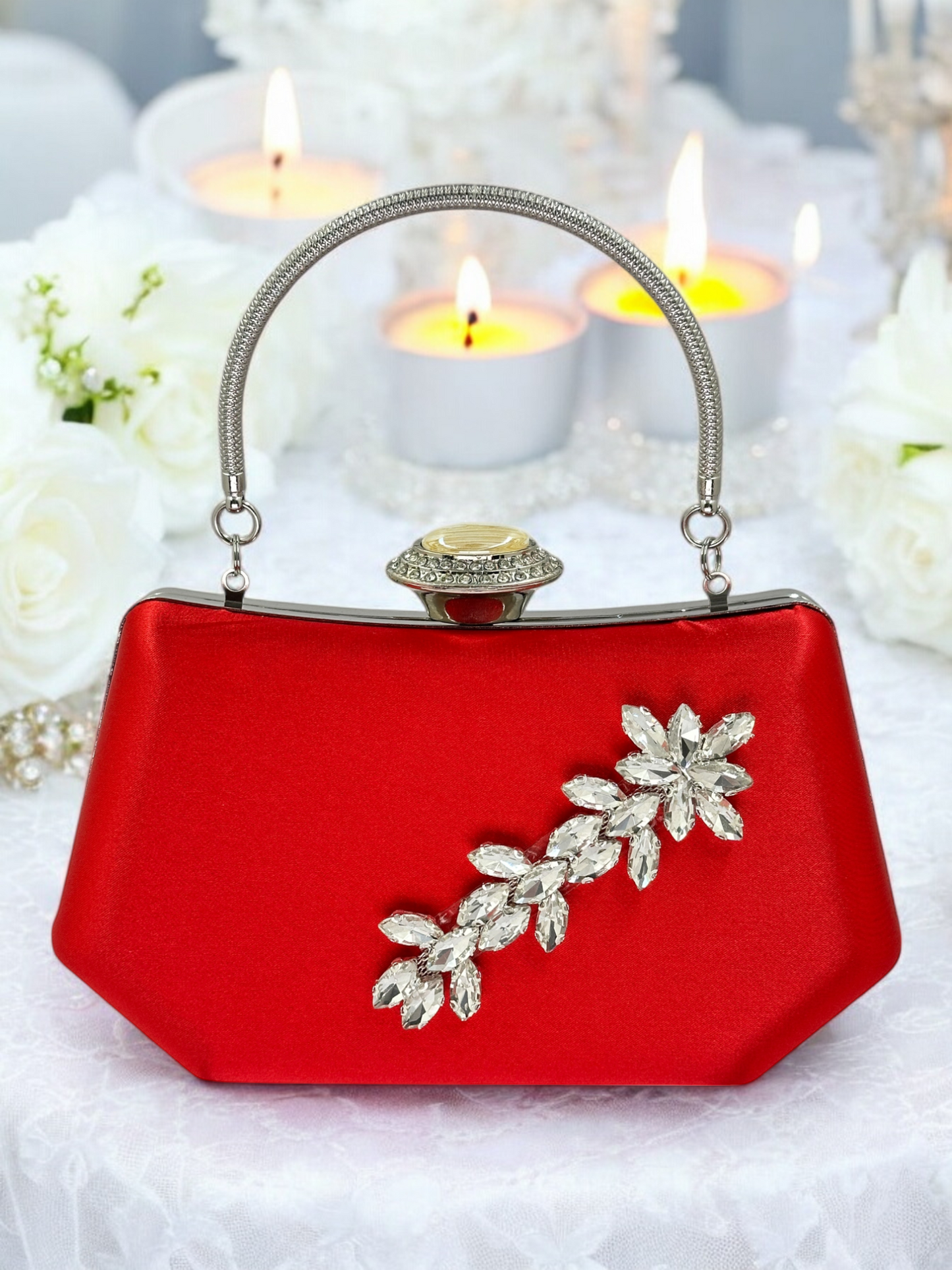 Kırmızı Saten Lüks Abiye Çanta | Kristal Taşlı İnci Clutch