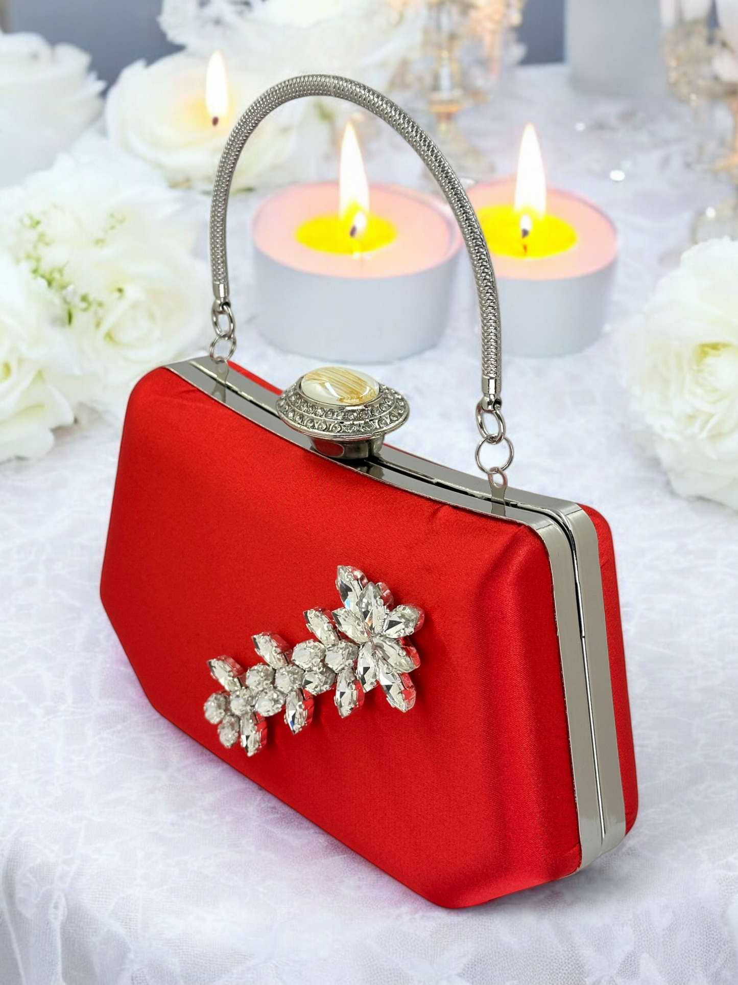 Kırmızı Saten Lüks Abiye Çanta | Kristal Taşlı İnci Clutch