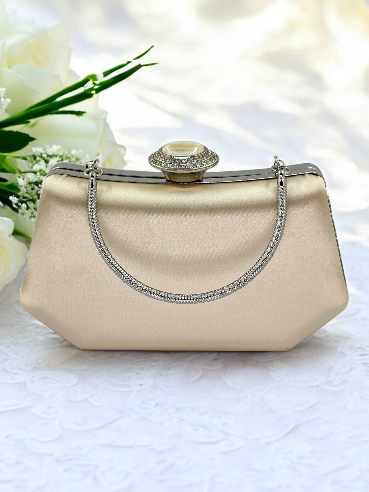 Lüks Ten Nude Abiye Çanta Saten Kristal Taşlı Düğün Clutch