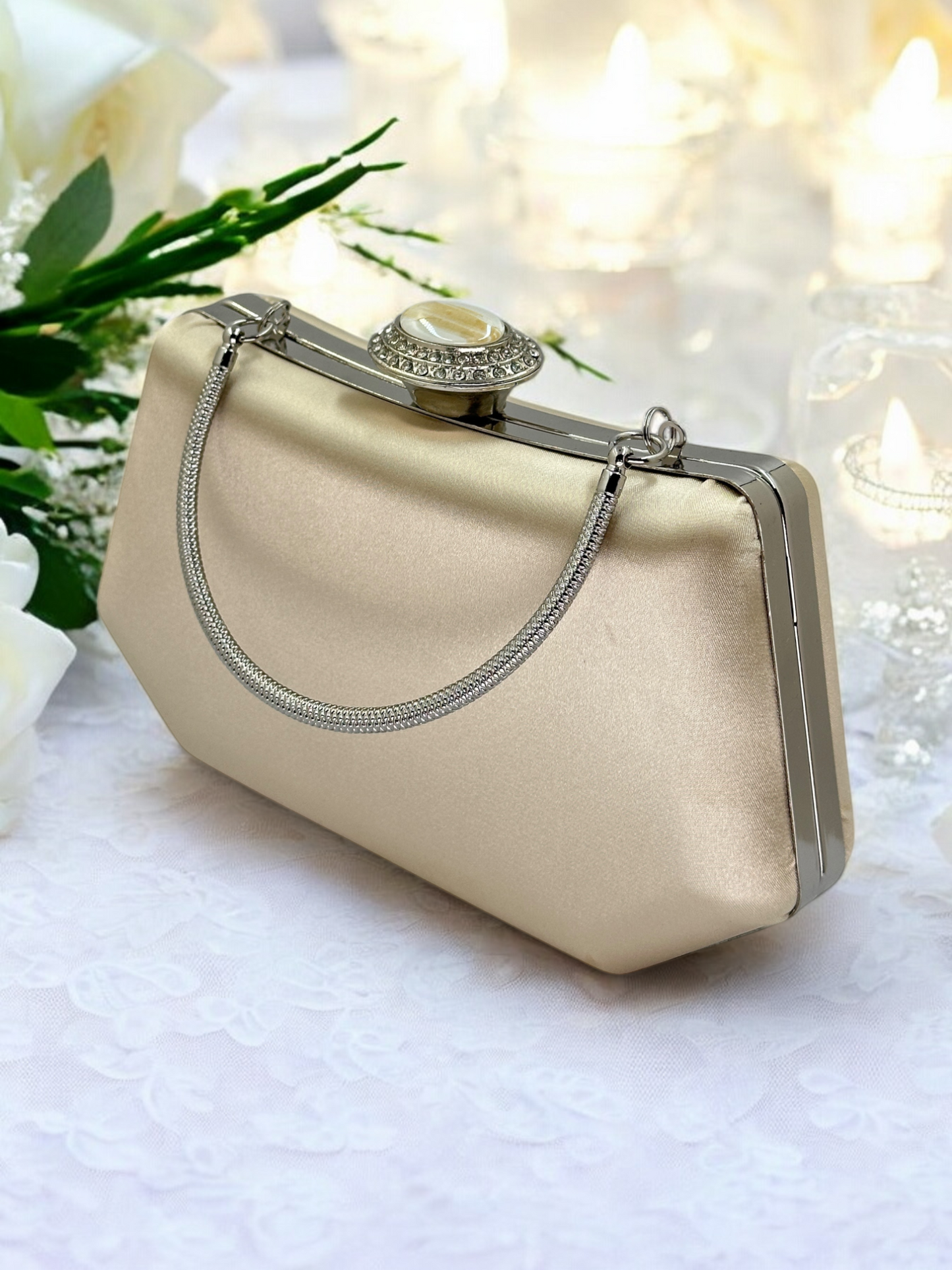 Lüks Ten Nude Abiye Çanta Saten Kristal Taşlı Düğün Clutch