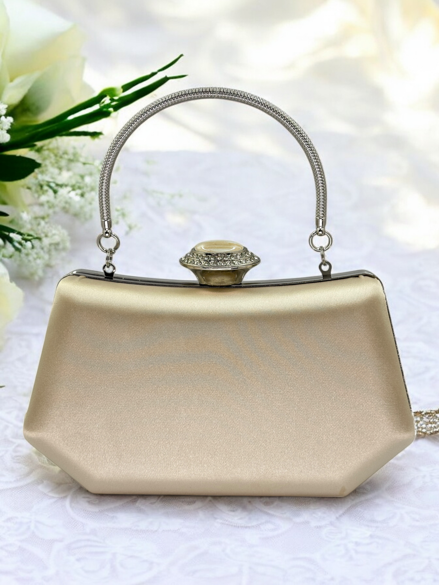 Lüks Ten Nude Abiye Çanta Saten Kristal Taşlı Düğün Clutch