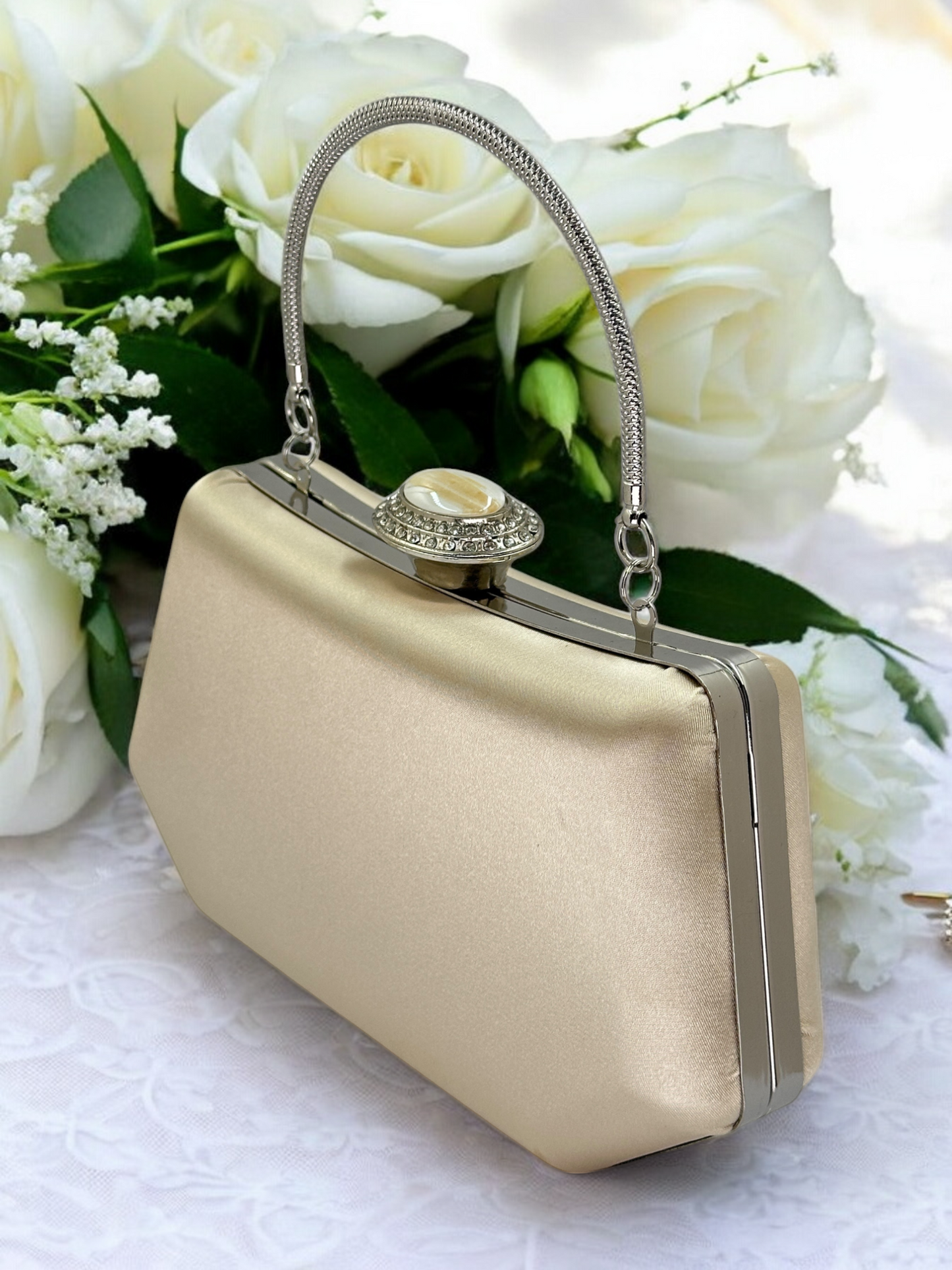 Lüks Ten Nude Abiye Çanta Saten Kristal Taşlı Düğün Clutch