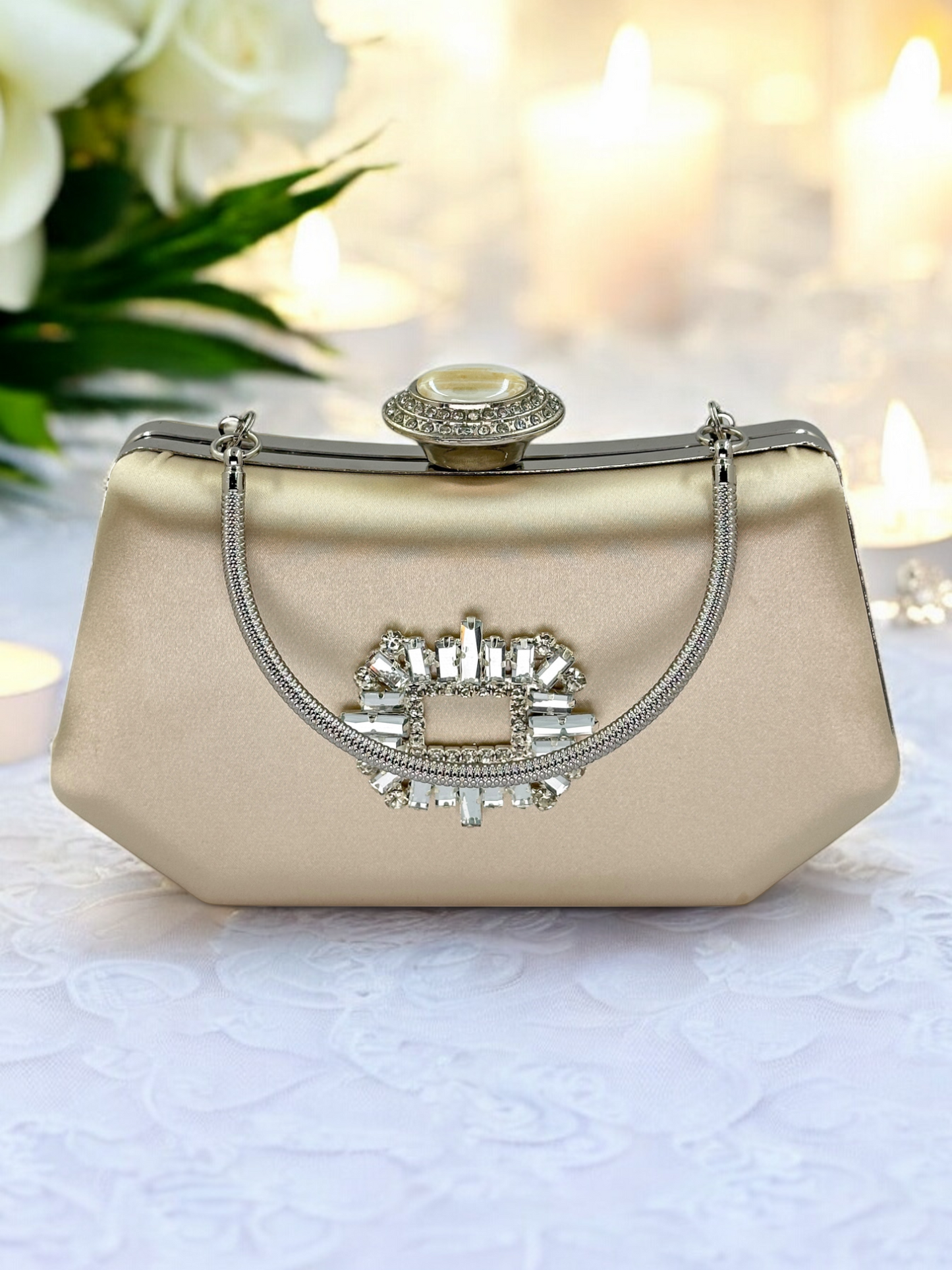 Lüks Ten Nude Abiye Çanta Saten Kristal Taşlı Düğün Clutch