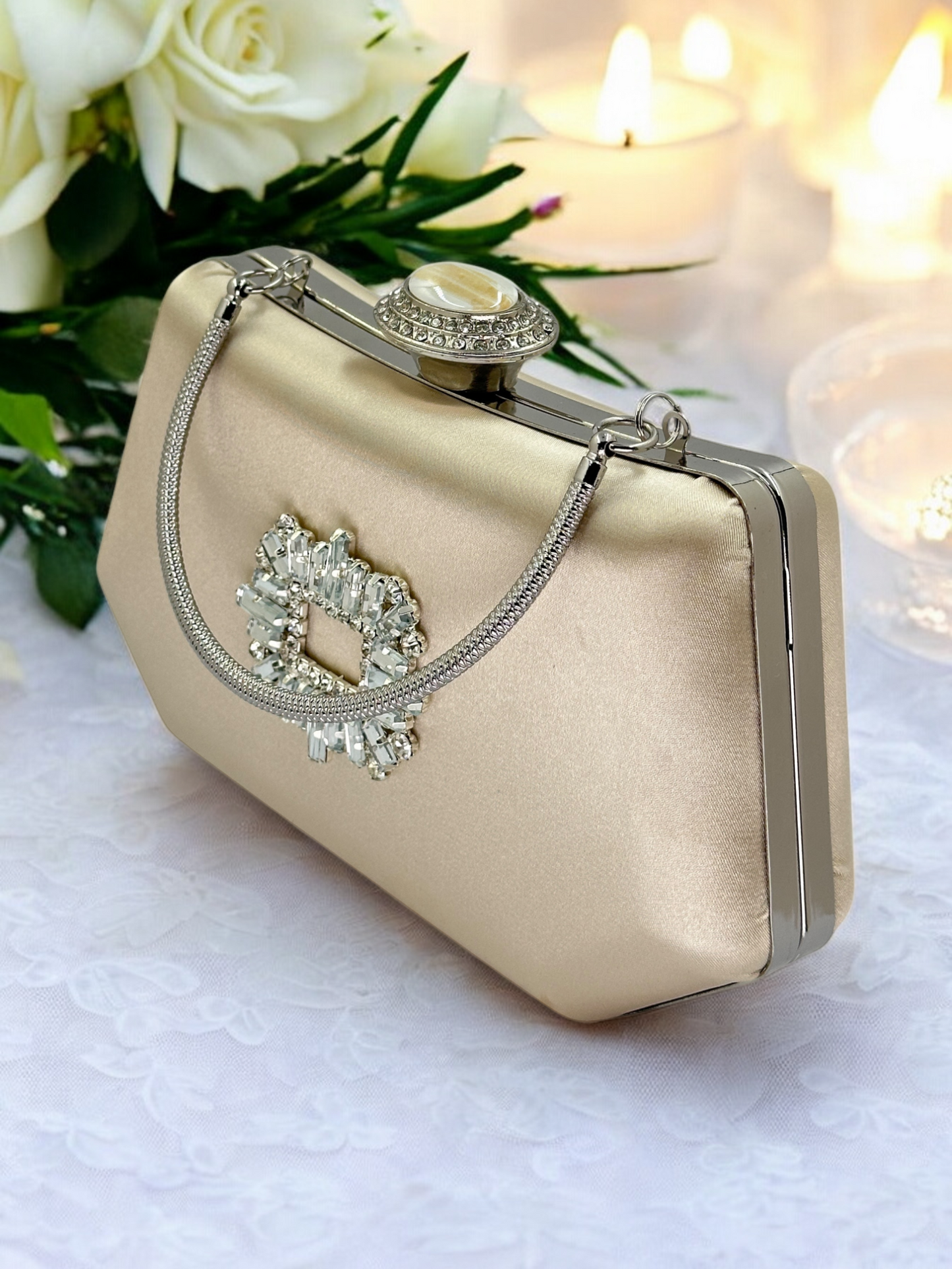 Lüks Ten Nude Abiye Çanta Saten Kristal Taşlı Düğün Clutch