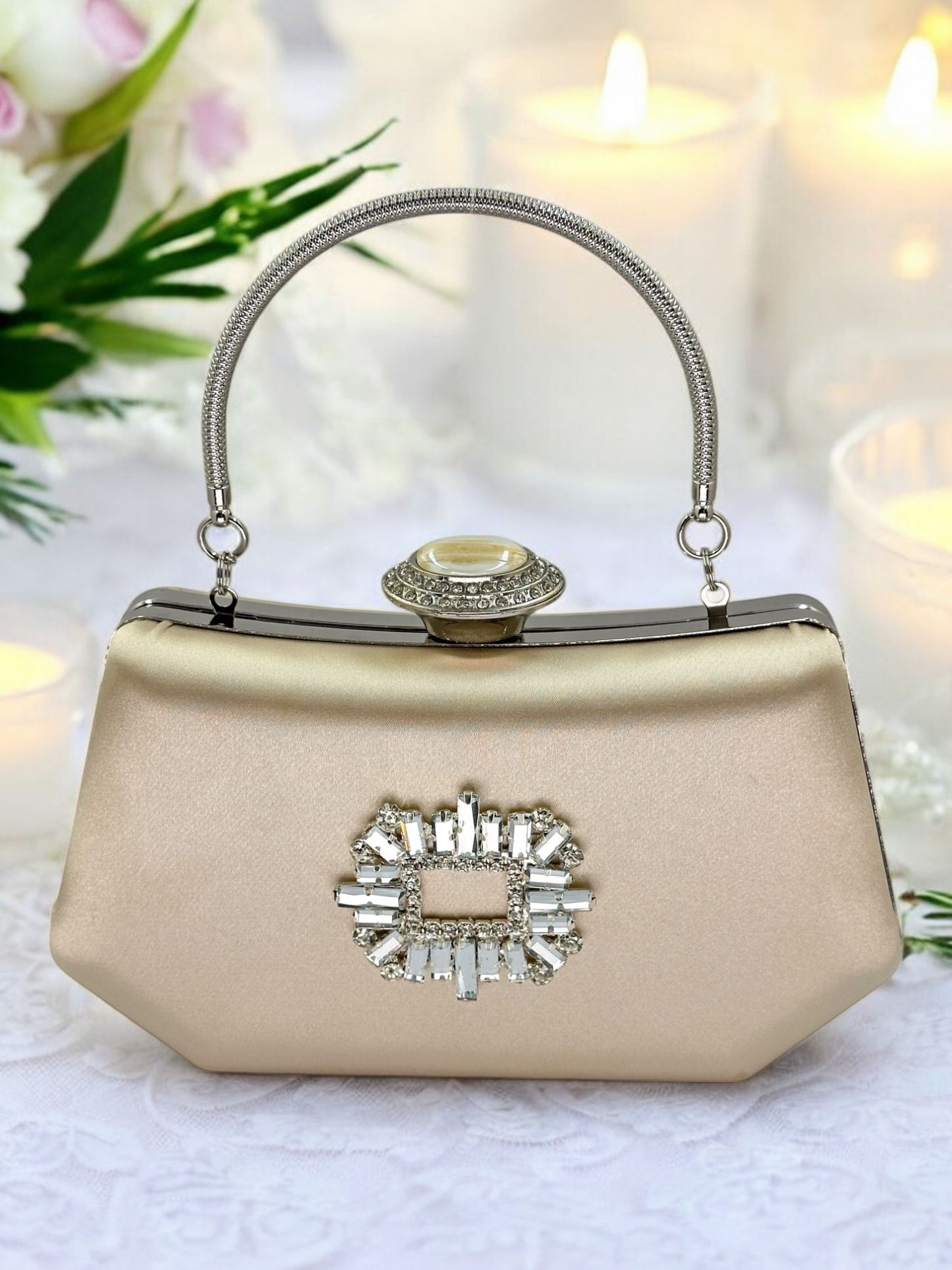 Lüks Ten Nude Abiye Çanta Saten Kristal Taşlı Düğün Clutch