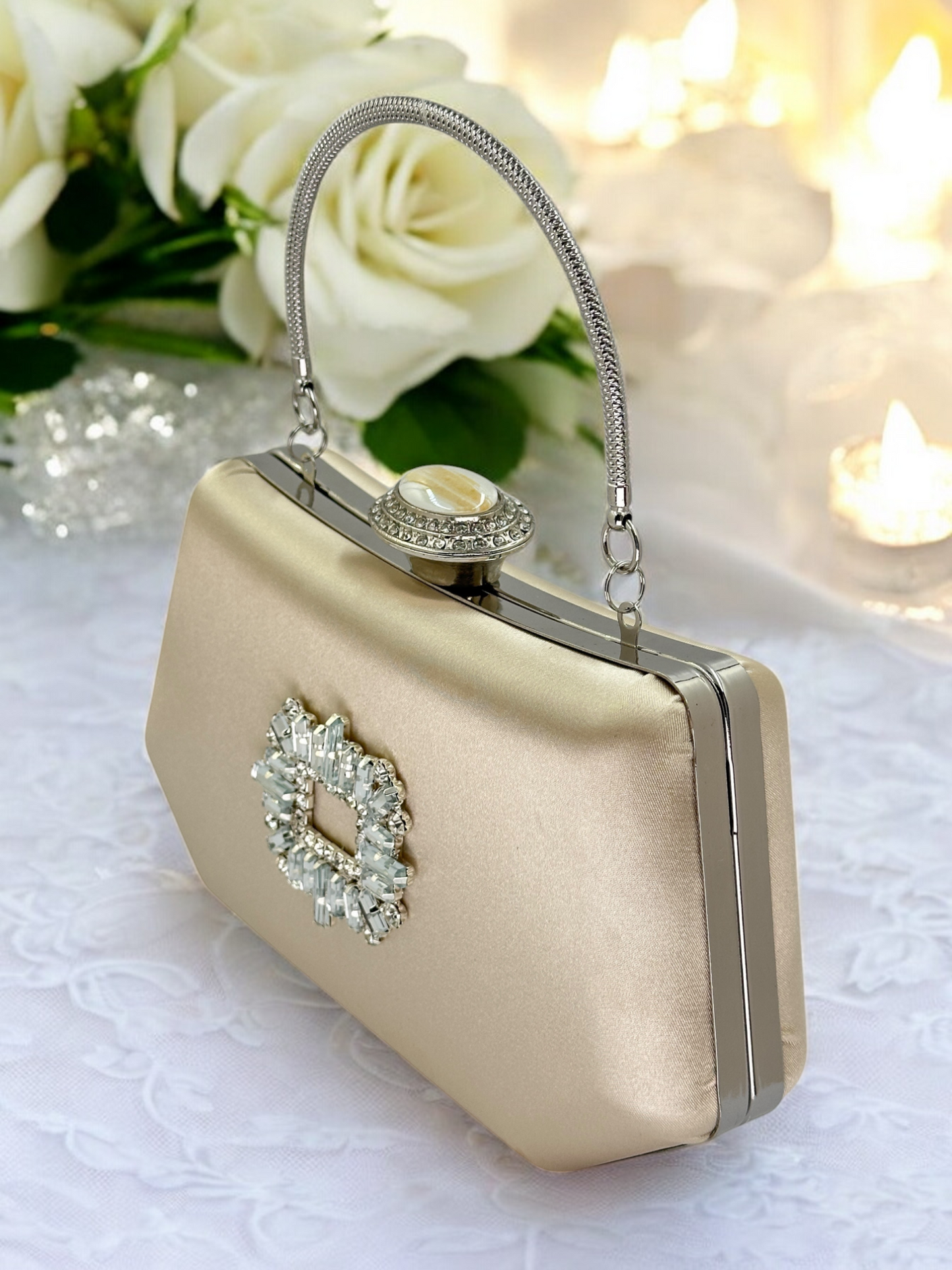Lüks Ten Nude Abiye Çanta Saten Kristal Taşlı Düğün Clutch