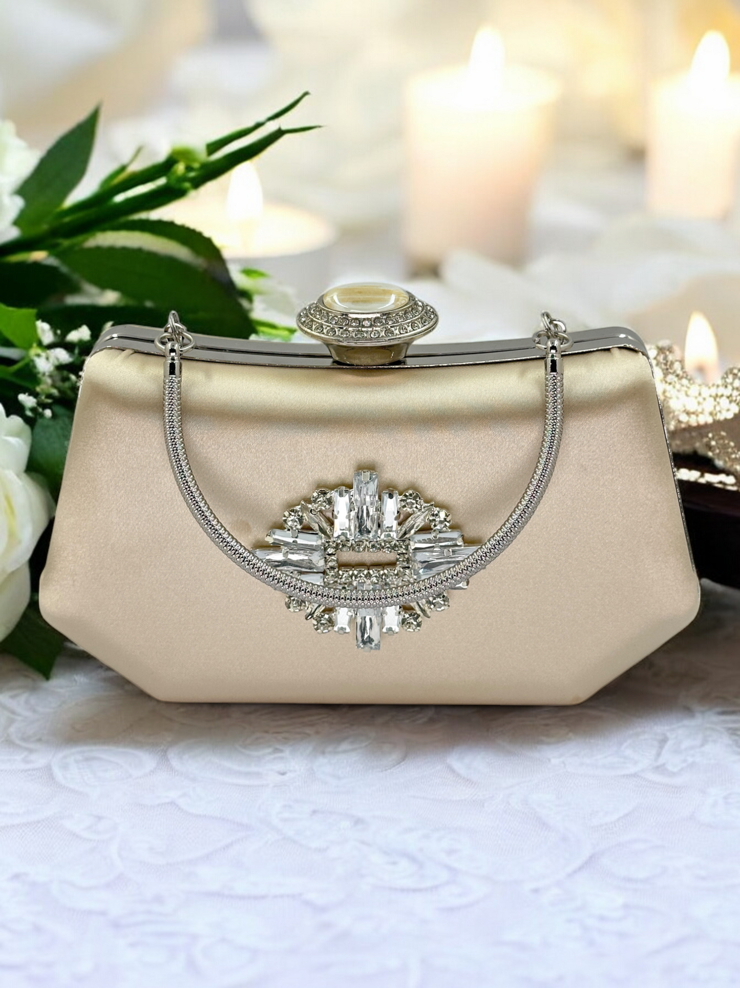 Lüks Ten Nude Abiye Çanta Saten Kristal Taşlı Düğün Clutch