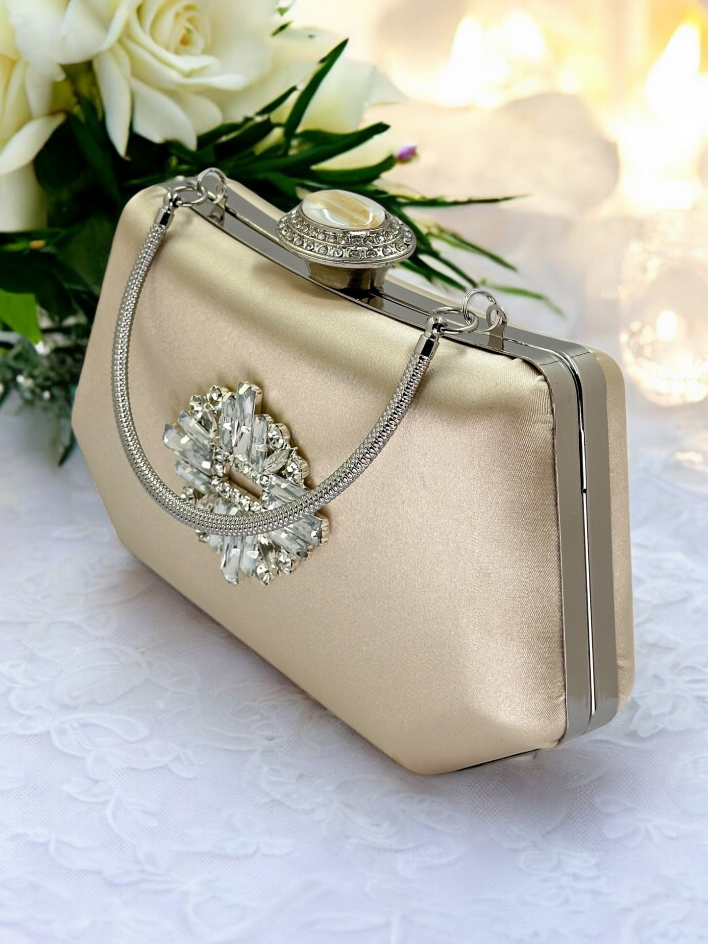 Lüks Ten Nude Abiye Çanta Saten Kristal Taşlı Düğün Clutch