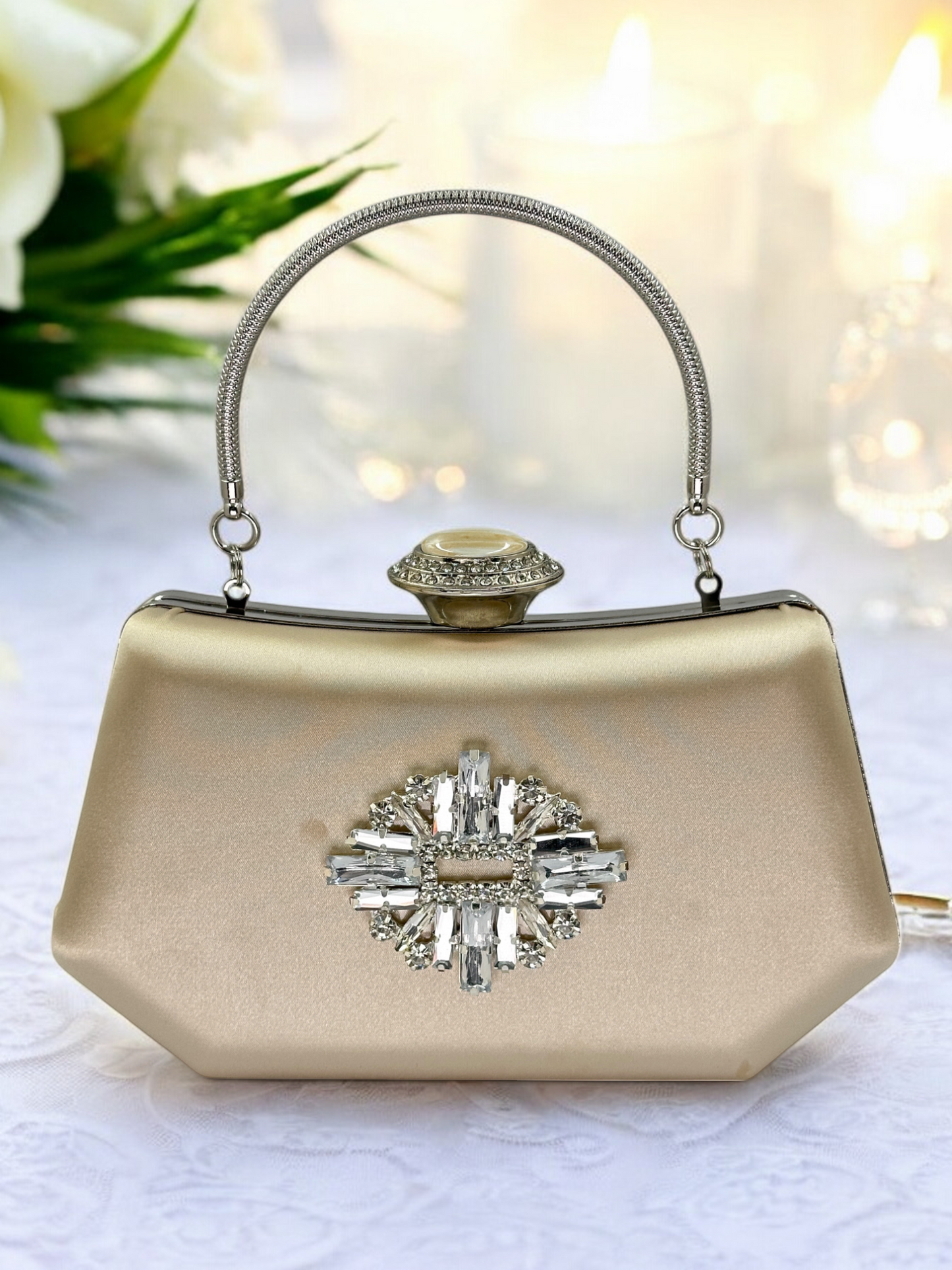 Lüks Ten Nude Abiye Çanta Saten Kristal Taşlı Düğün Clutch
