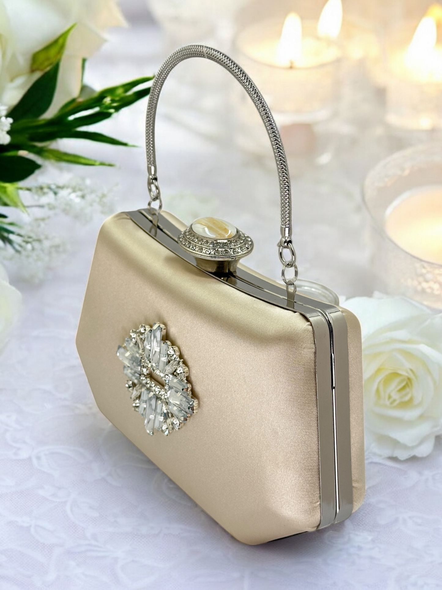 Lüks Ten Nude Abiye Çanta Saten Kristal Taşlı Düğün Clutch