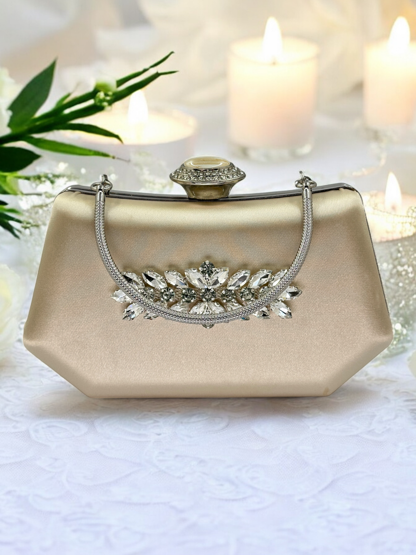 Lüks Ten Nude Abiye Çanta Saten Kristal Taşlı Düğün Clutch