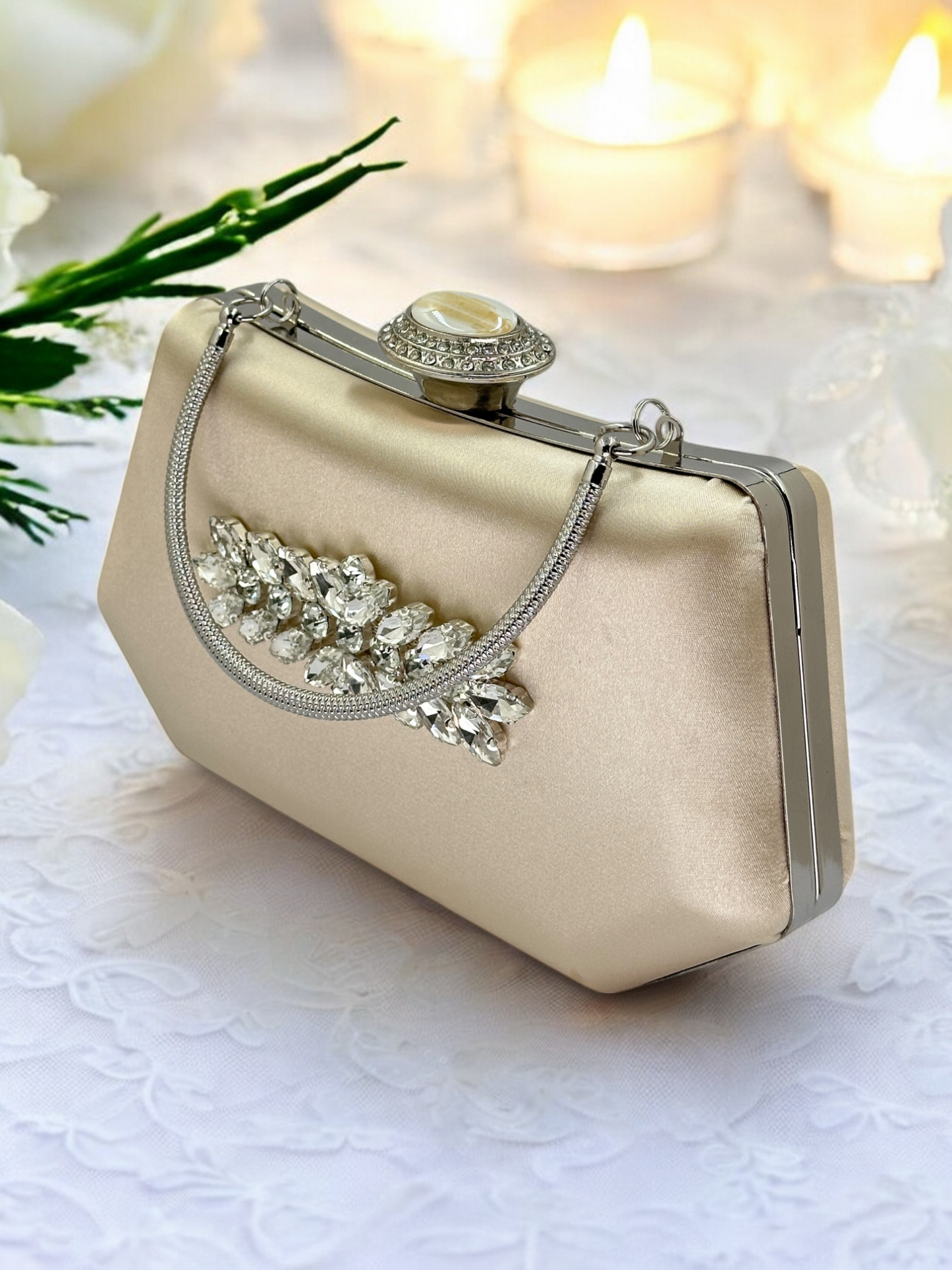 Lüks Ten Nude Abiye Çanta Saten Kristal Taşlı Düğün Clutch