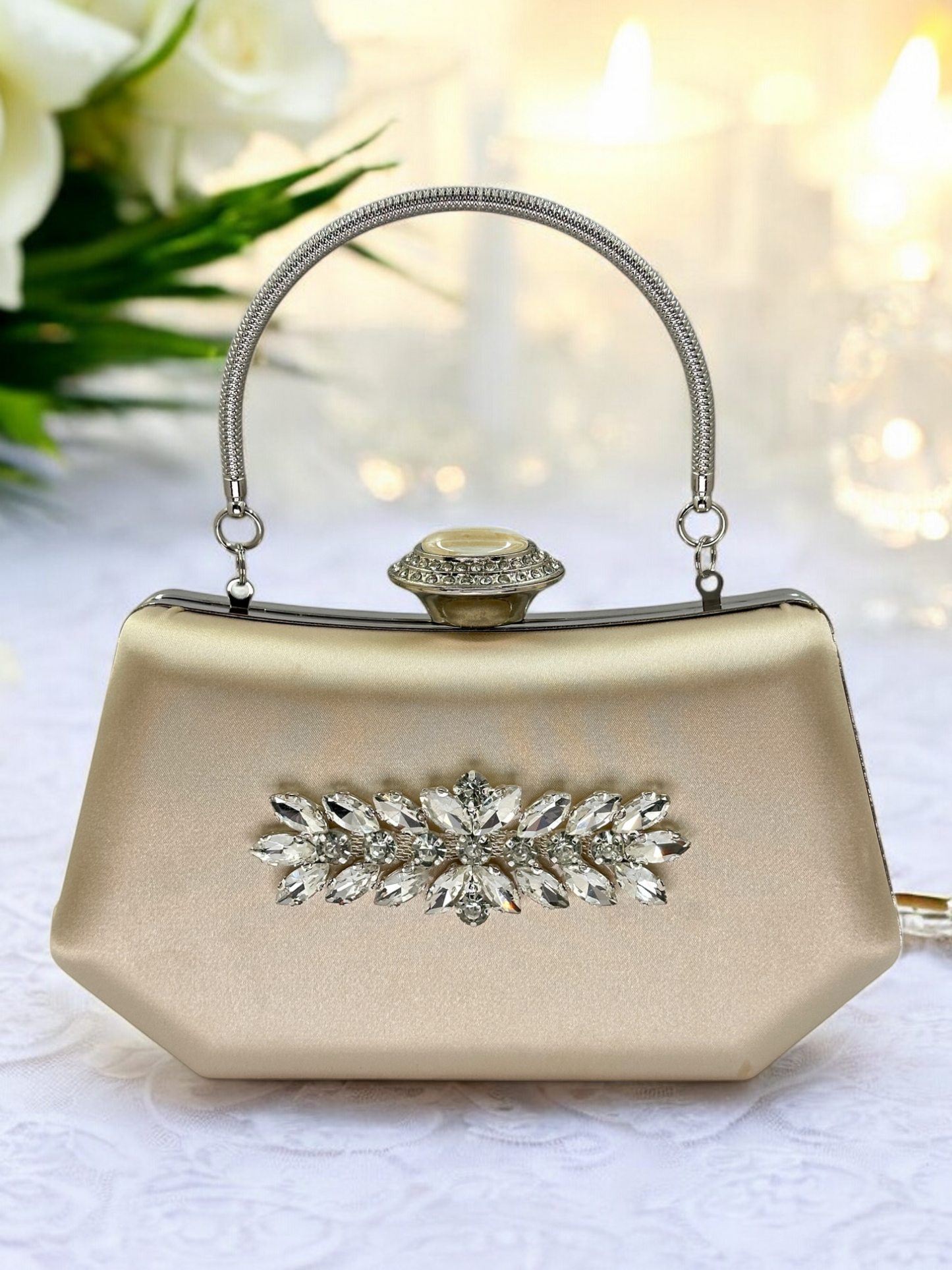 Lüks Ten Nude Abiye Çanta Saten Kristal Taşlı Düğün Clutch