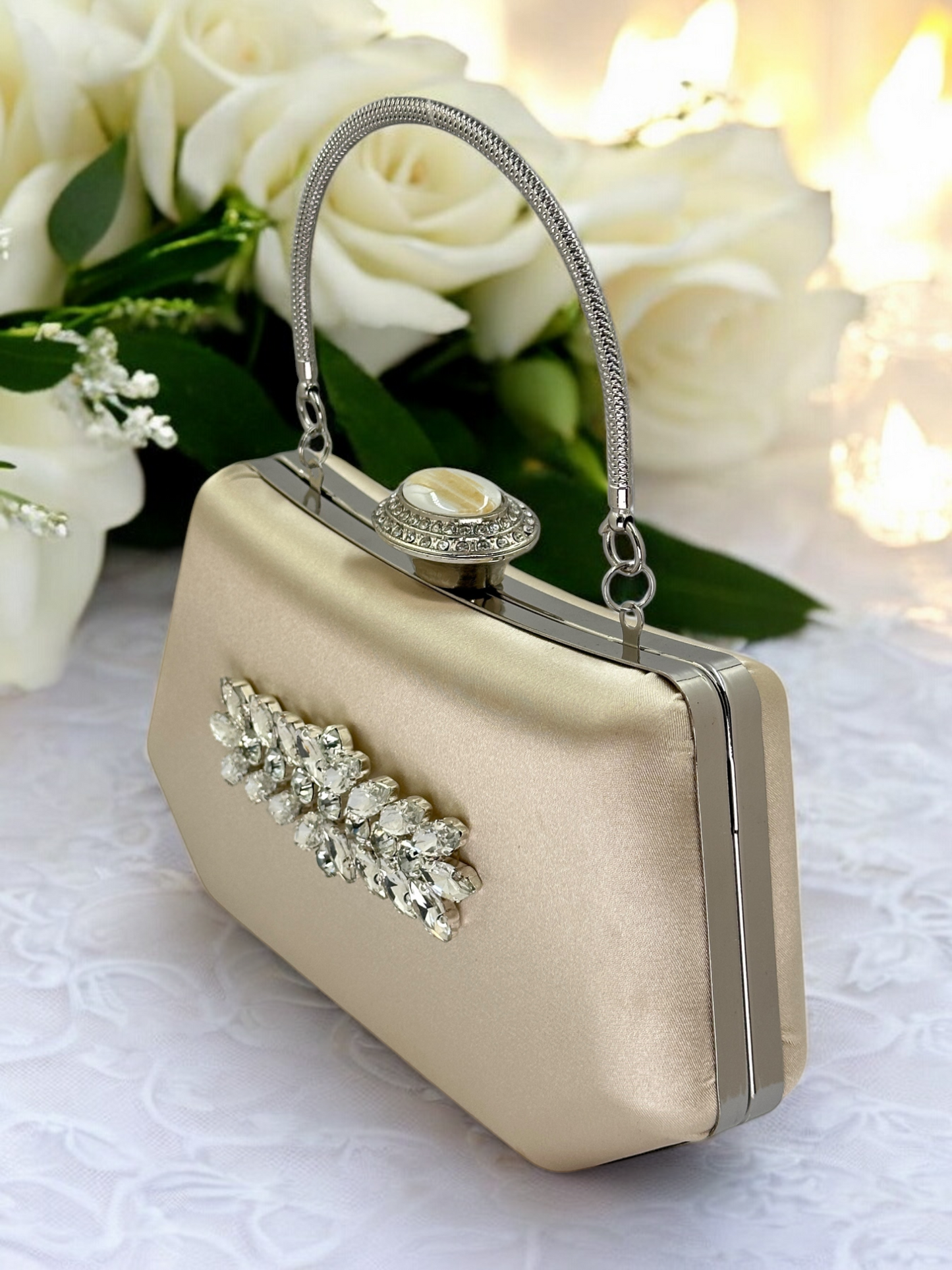 Lüks Ten Nude Abiye Çanta Saten Kristal Taşlı Düğün Clutch