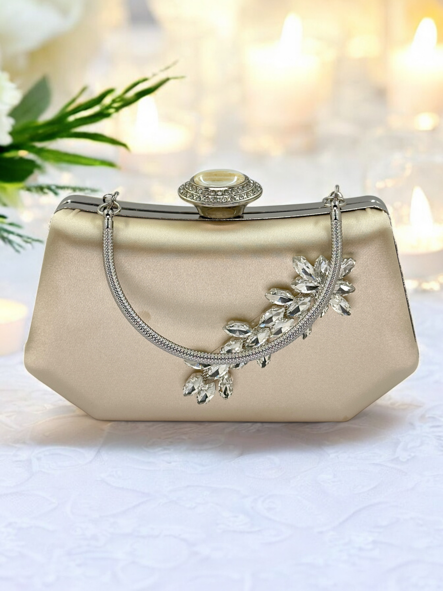 Lüks Ten Nude Abiye Çanta Saten Kristal Taşlı Düğün Clutch