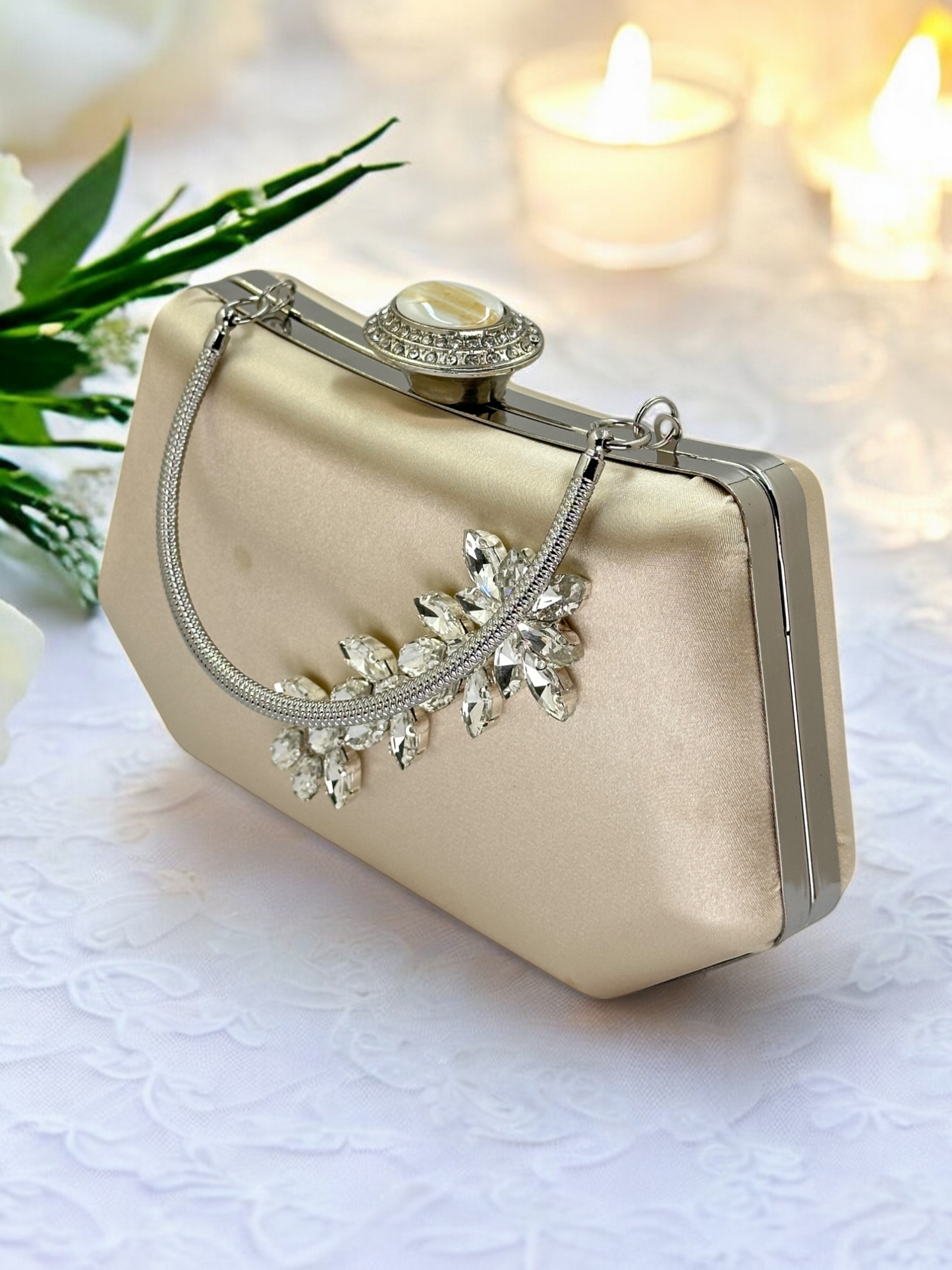 Lüks Ten Nude Abiye Çanta Saten Kristal Taşlı Düğün Clutch