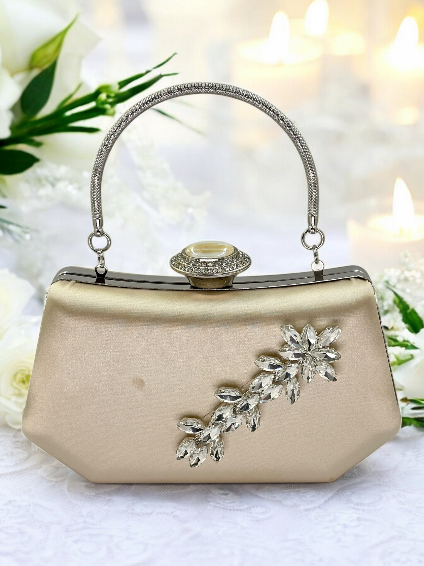 Lüks Ten Nude Abiye Çanta Saten Kristal Taşlı Düğün Clutch