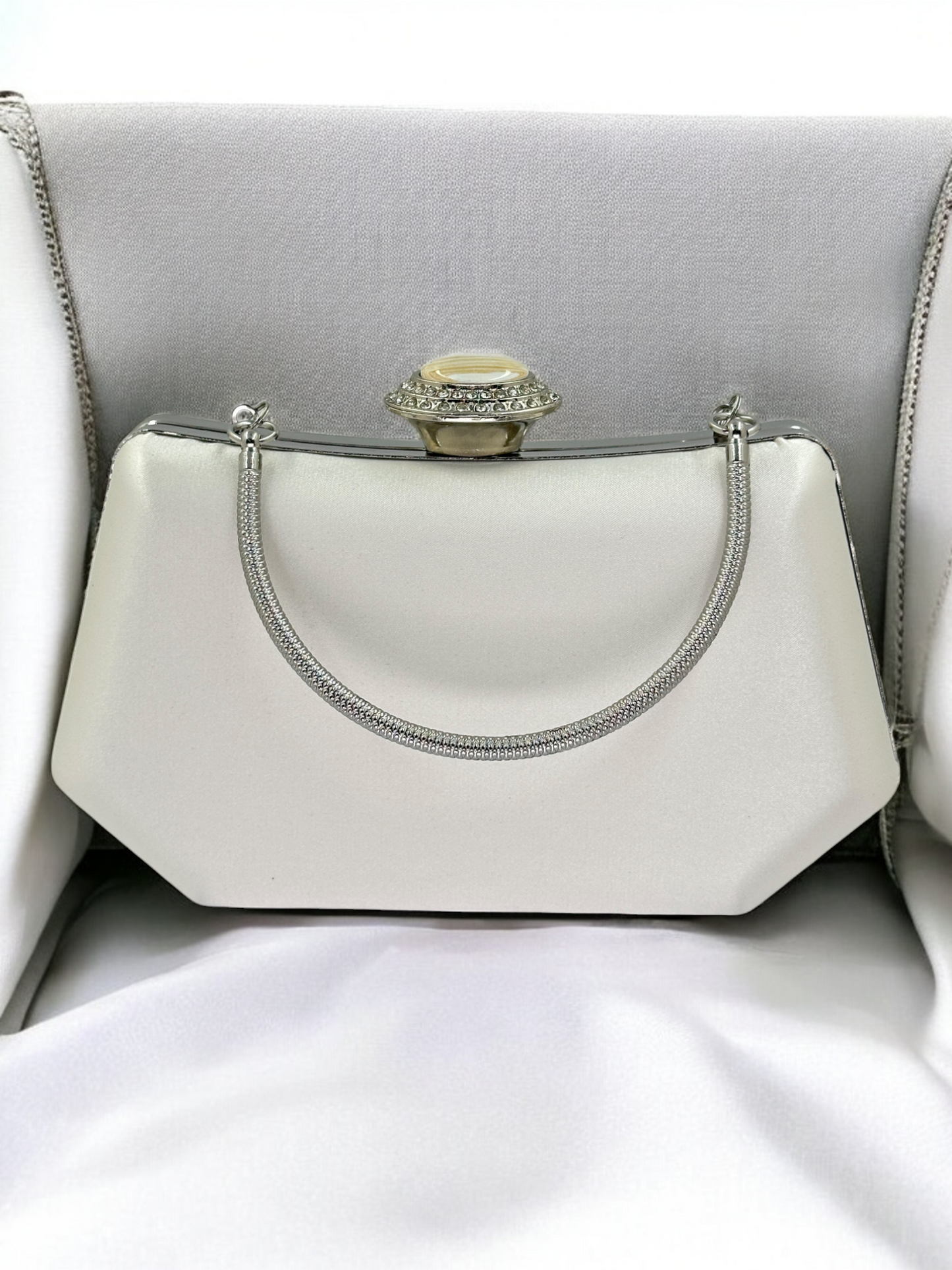 Ekru Saten Kristal İnci Detaylı Lüks Abiye Çanta | Gece Clutch