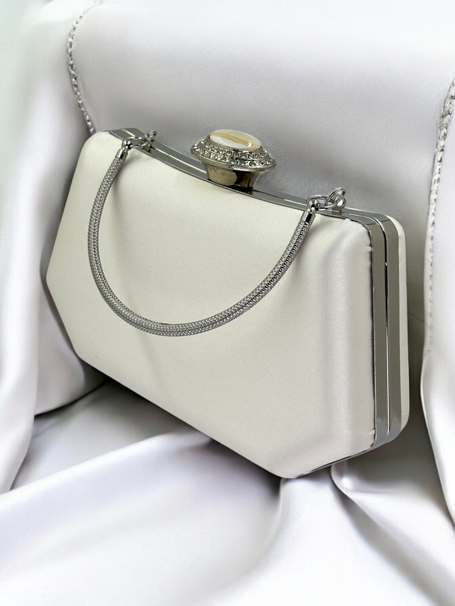 Ekru Saten Kristal İnci Detaylı Lüks Abiye Çanta | Gece Clutch