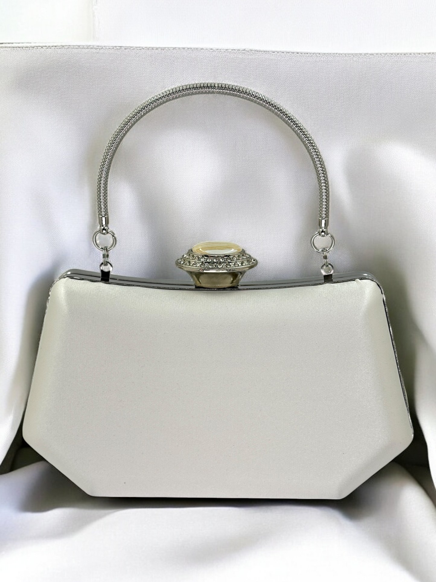 Ekru Saten Kristal İnci Detaylı Lüks Abiye Çanta | Gece Clutch