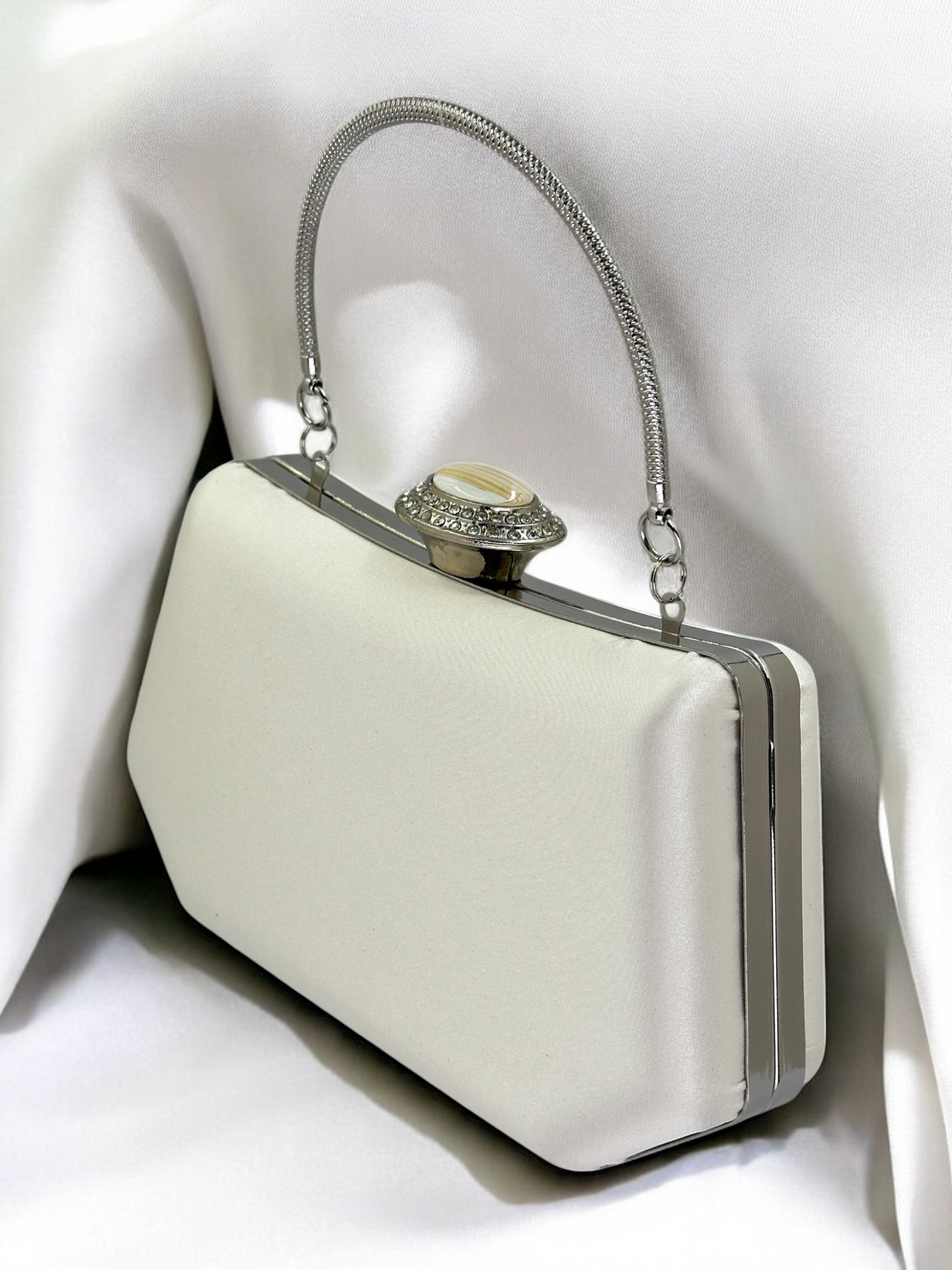 Ekru Saten Kristal İnci Detaylı Lüks Abiye Çanta | Gece Clutch