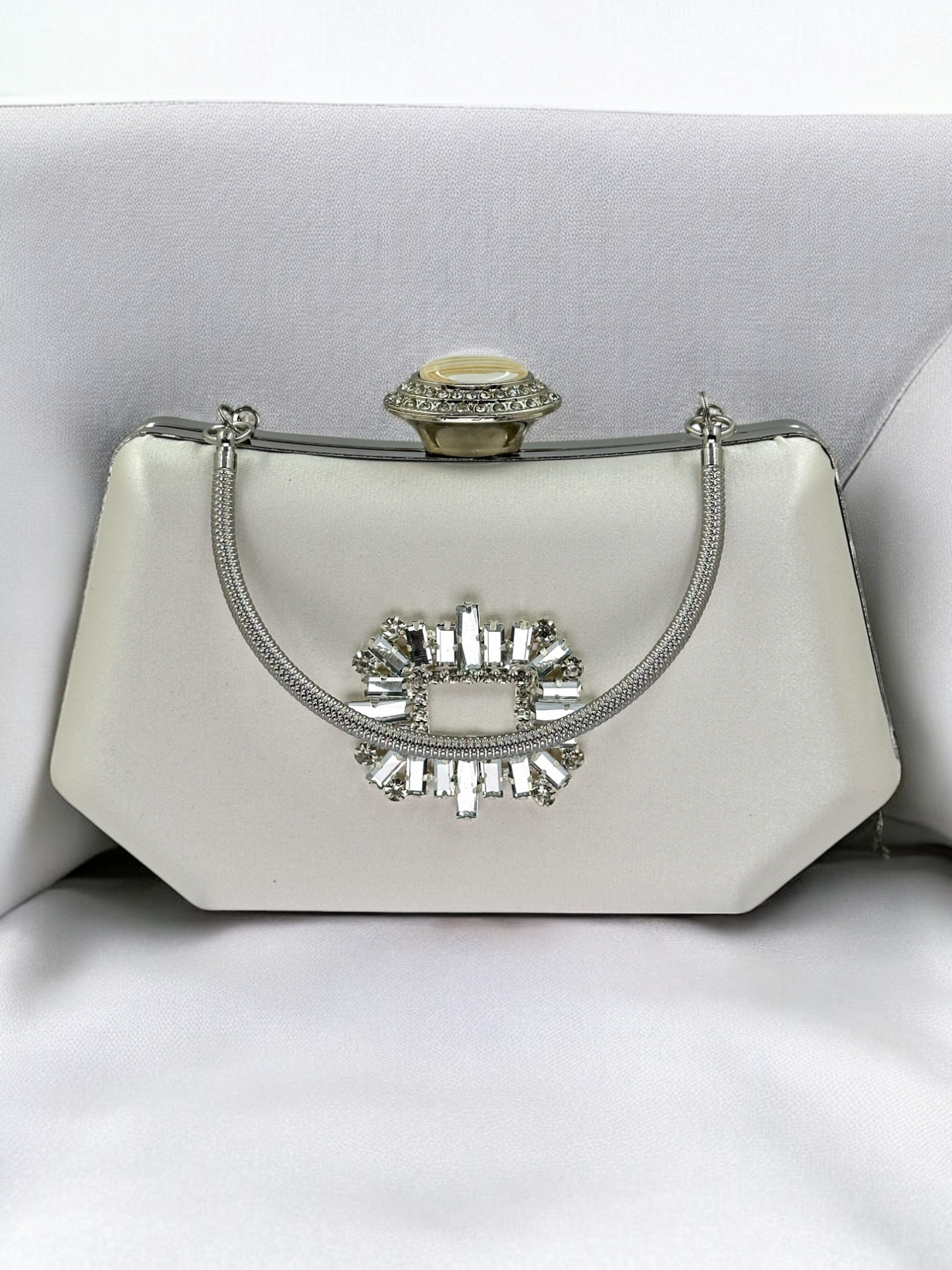 Ekru Saten Kristal İnci Detaylı Lüks Abiye Çanta | Gece Clutch