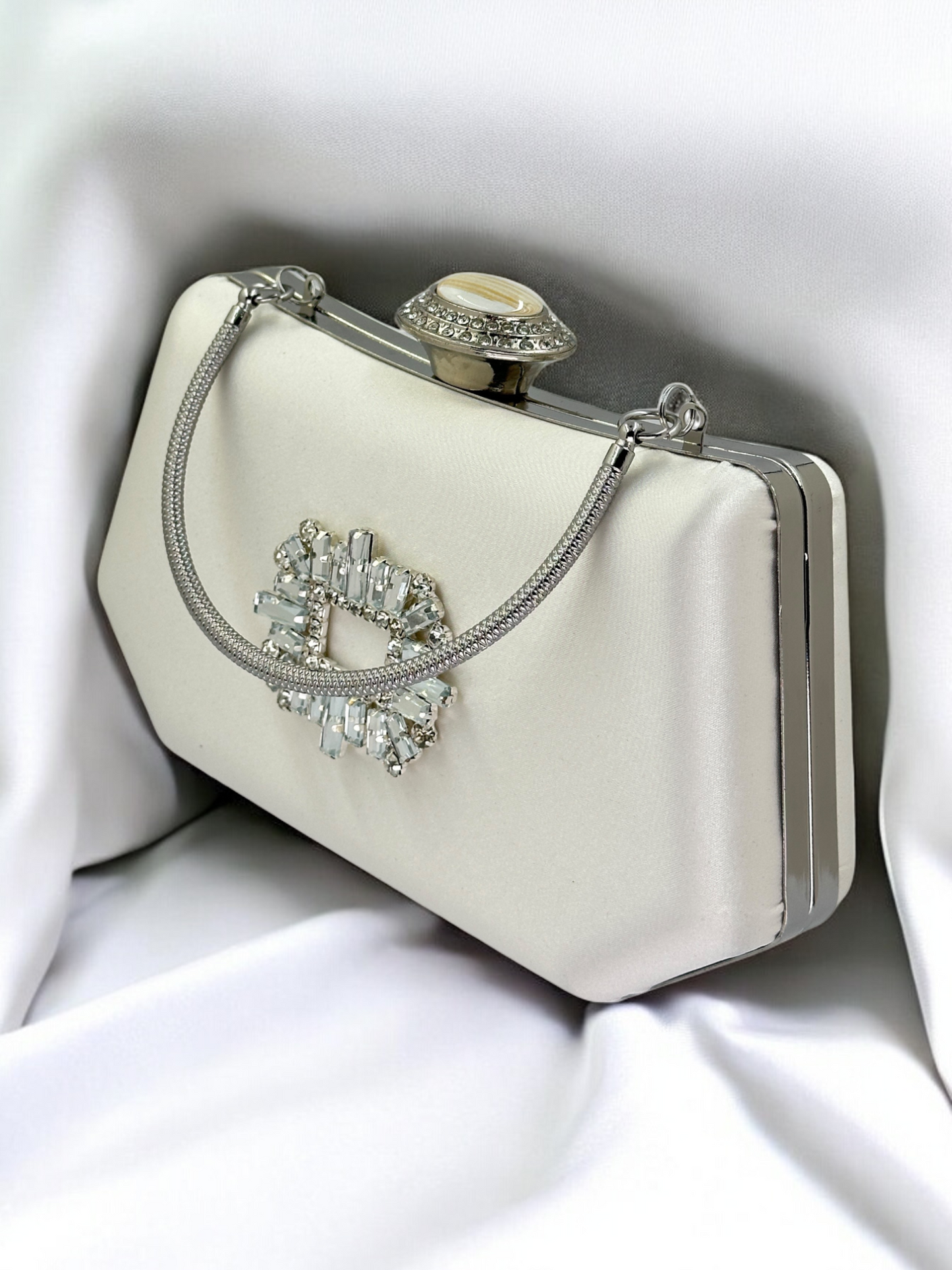 Ekru Saten Kristal İnci Detaylı Lüks Abiye Çanta | Gece Clutch