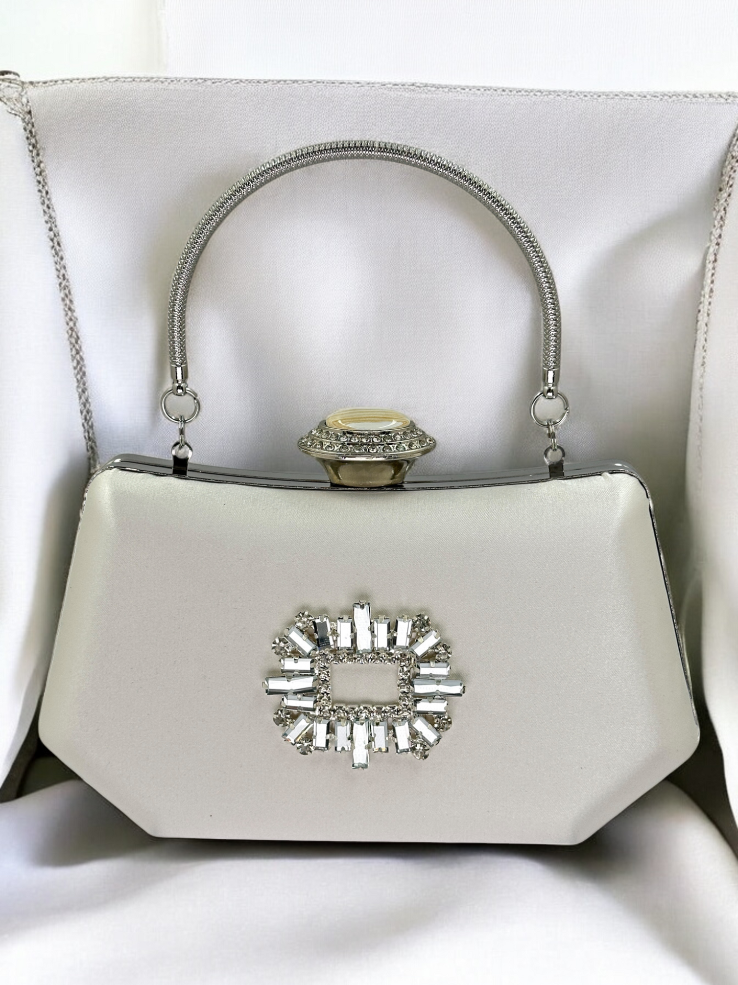 Ekru Saten Kristal İnci Detaylı Lüks Abiye Çanta | Gece Clutch