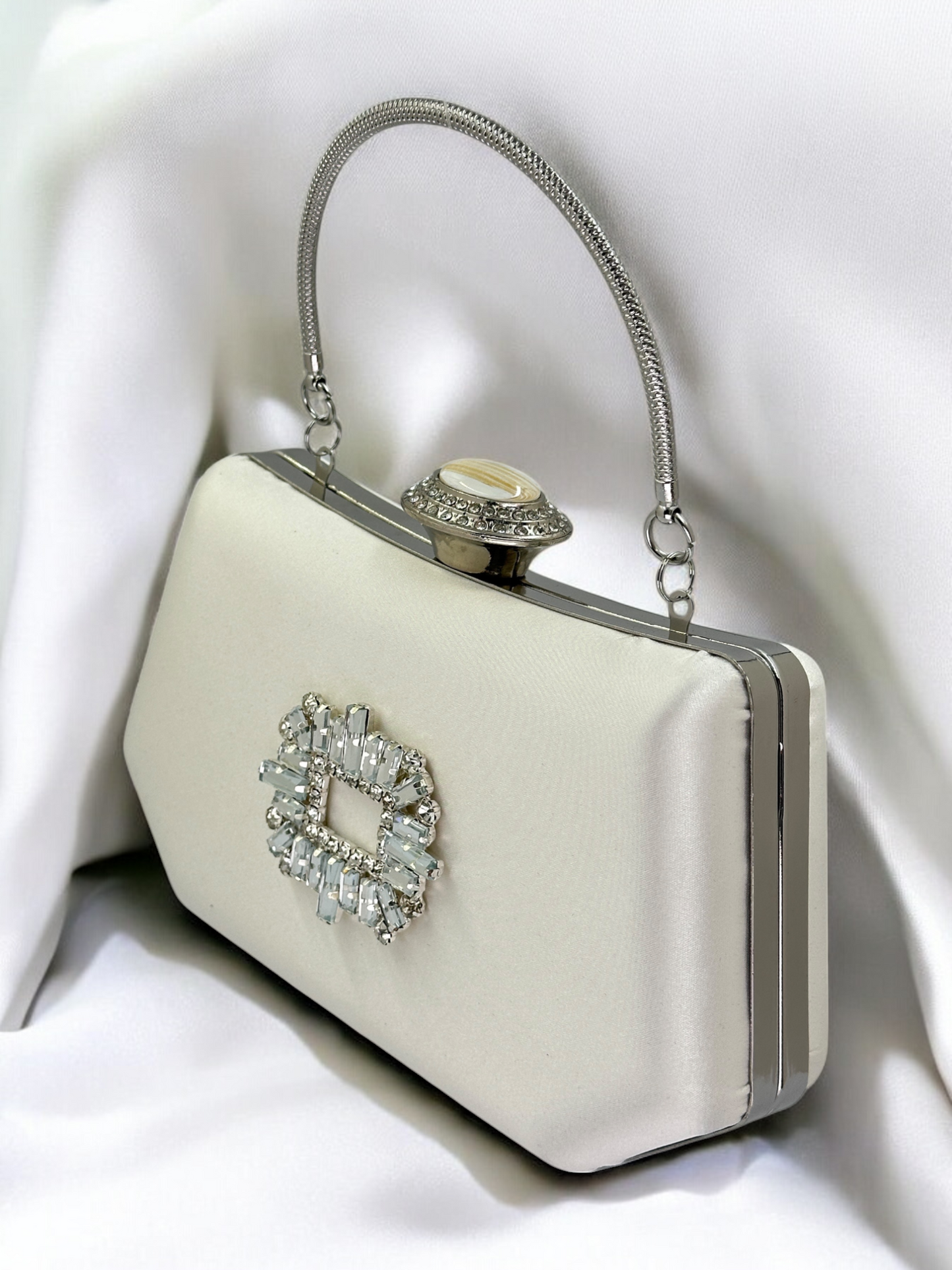 Ekru Saten Kristal İnci Detaylı Lüks Abiye Çanta | Gece Clutch