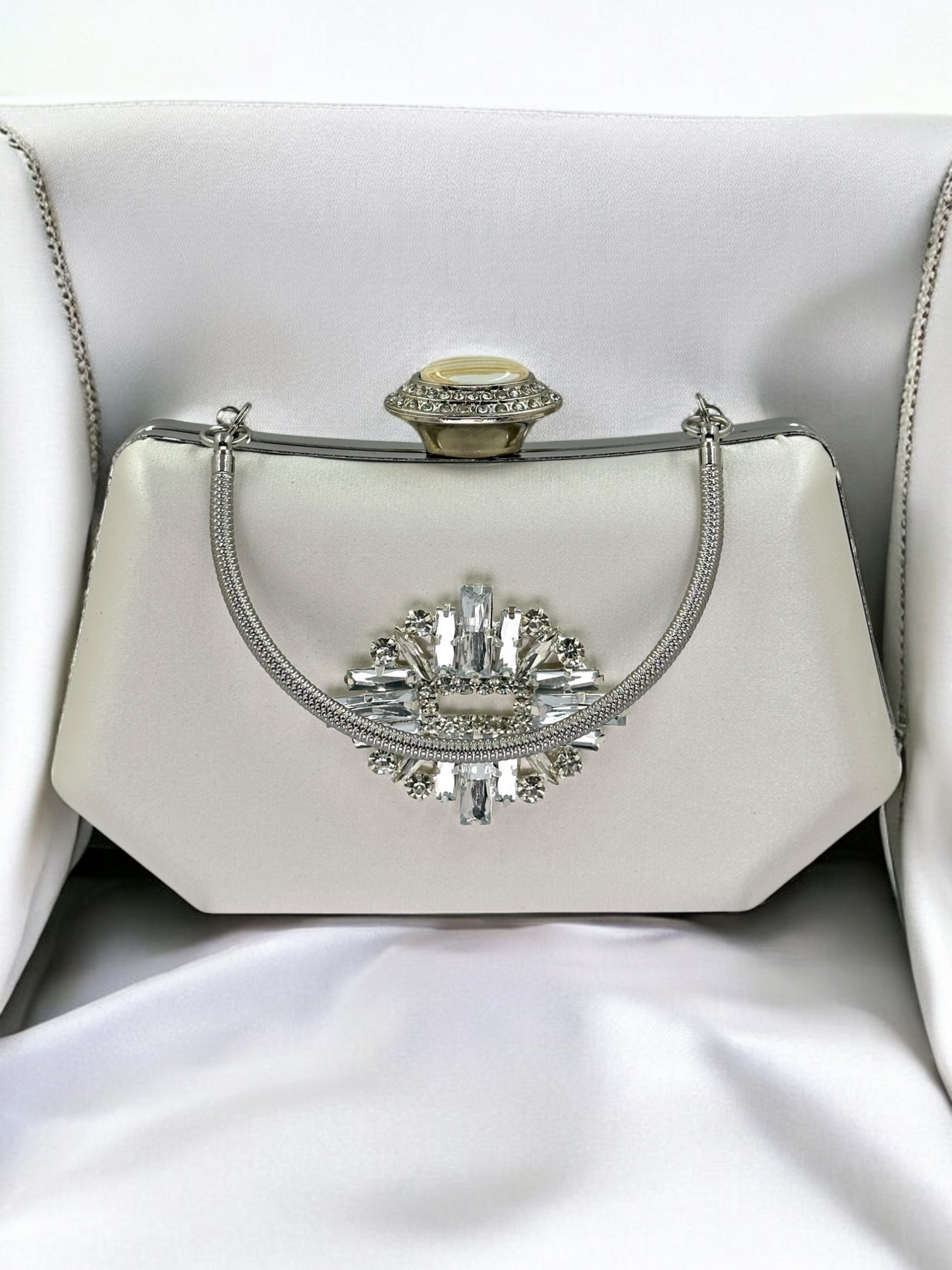 Ekru Saten Kristal İnci Detaylı Lüks Abiye Çanta | Gece Clutch