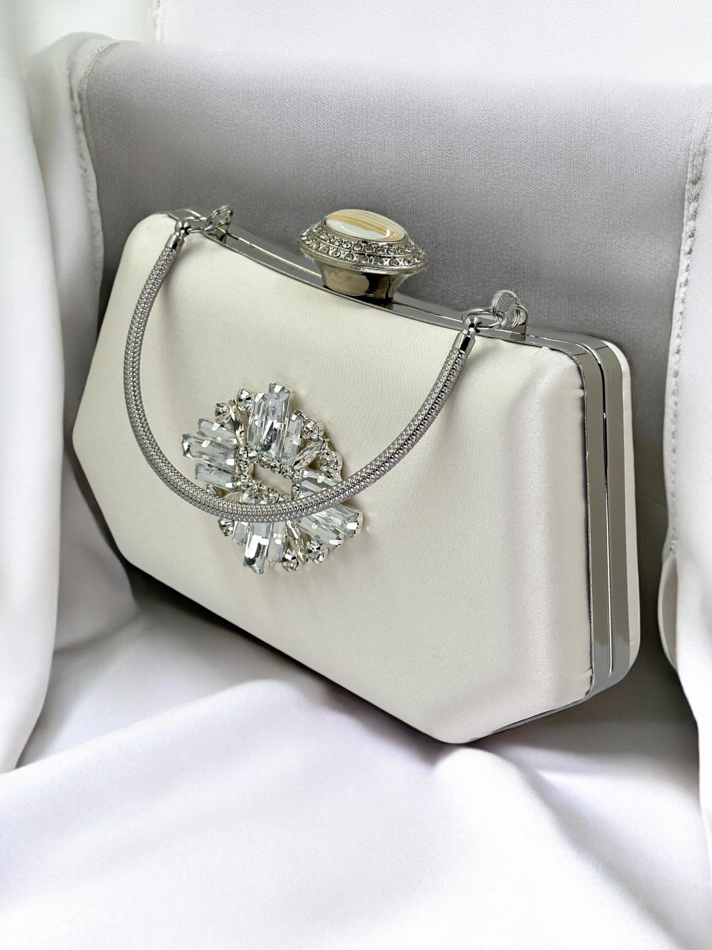 Ekru Saten Kristal İnci Detaylı Lüks Abiye Çanta | Gece Clutch