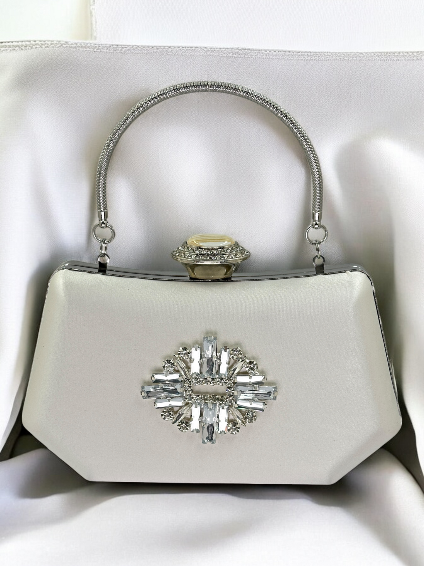 Ekru Saten Kristal İnci Detaylı Lüks Abiye Çanta | Gece Clutch