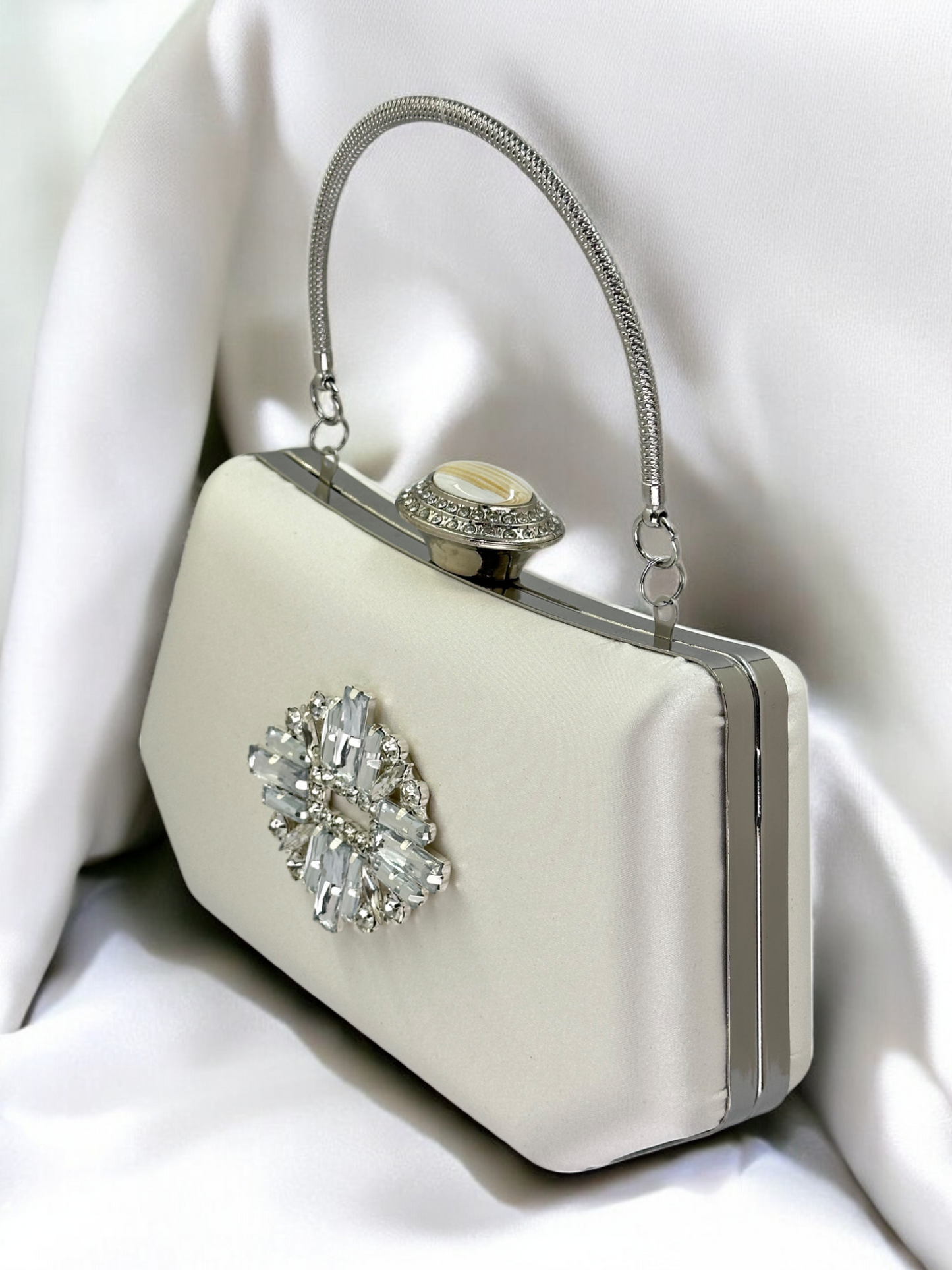 Ekru Saten Kristal İnci Detaylı Lüks Abiye Çanta | Gece Clutch