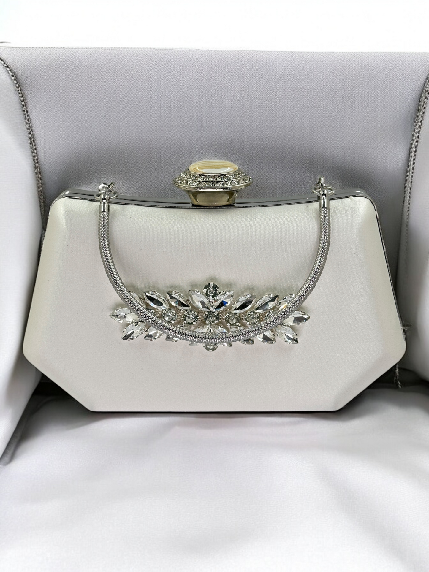 Ekru Saten Kristal İnci Detaylı Lüks Abiye Çanta | Gece Clutch