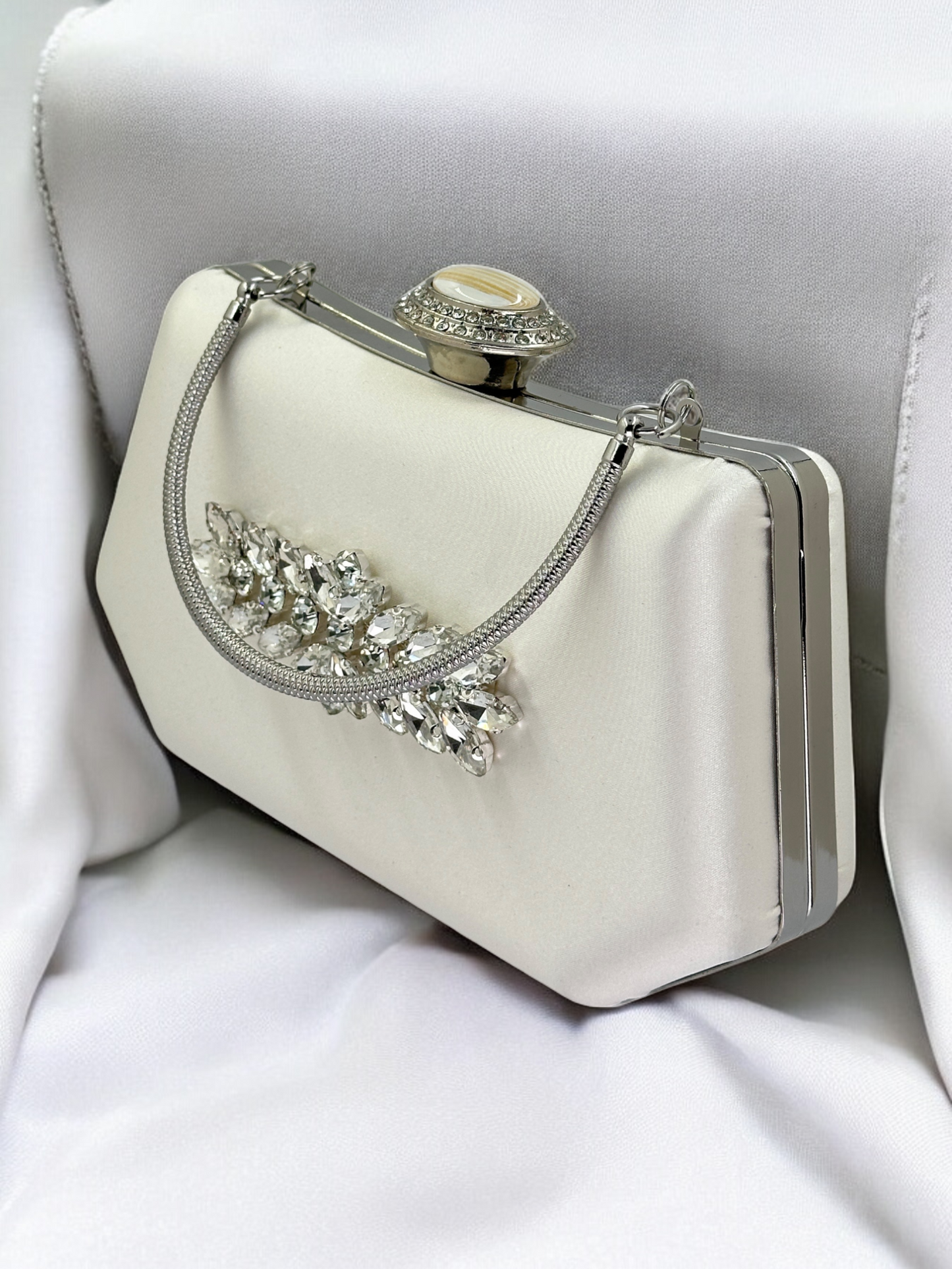 Ekru Saten Kristal İnci Detaylı Lüks Abiye Çanta | Gece Clutch