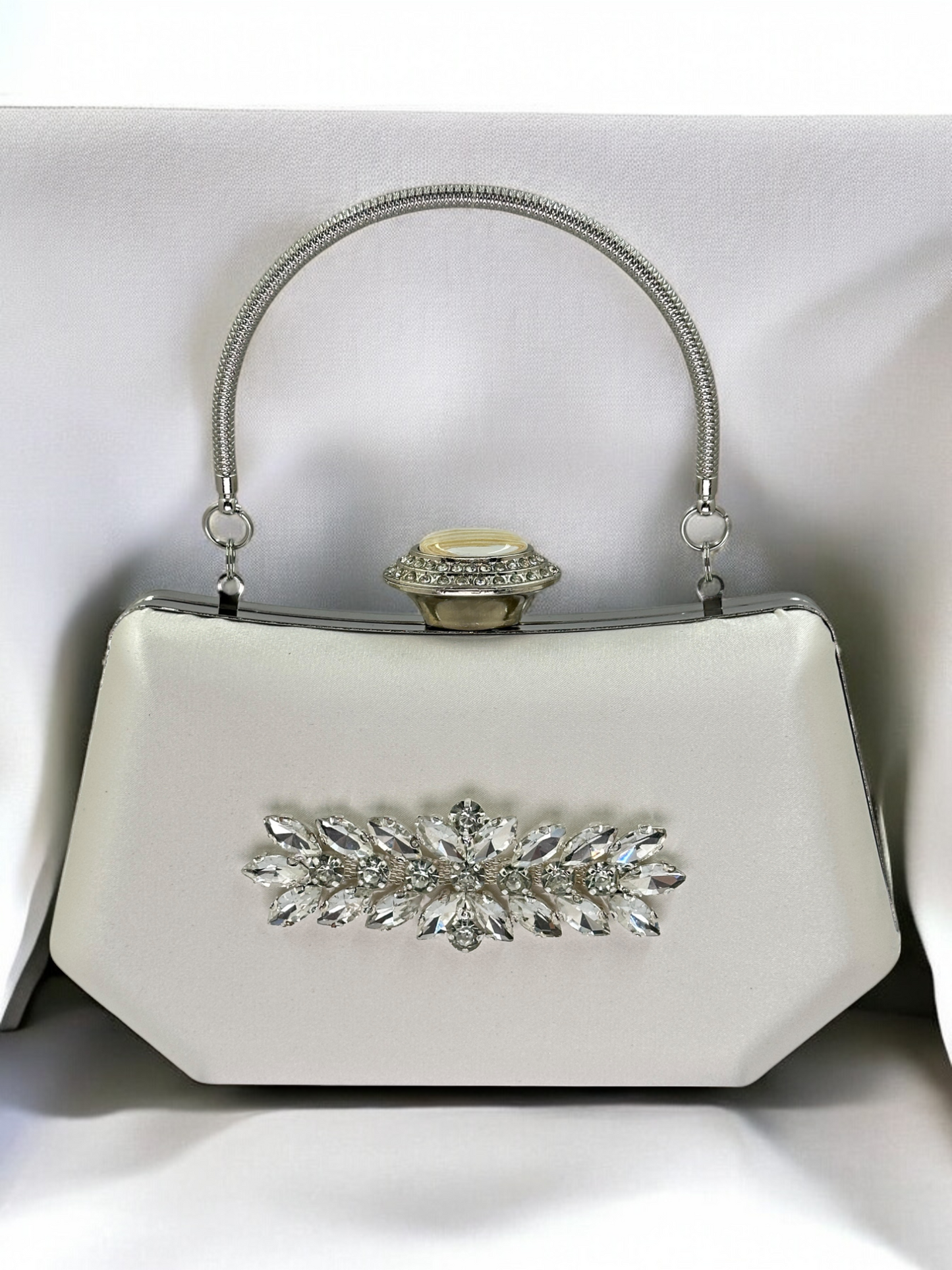 Ekru Saten Kristal İnci Detaylı Lüks Abiye Çanta | Gece Clutch