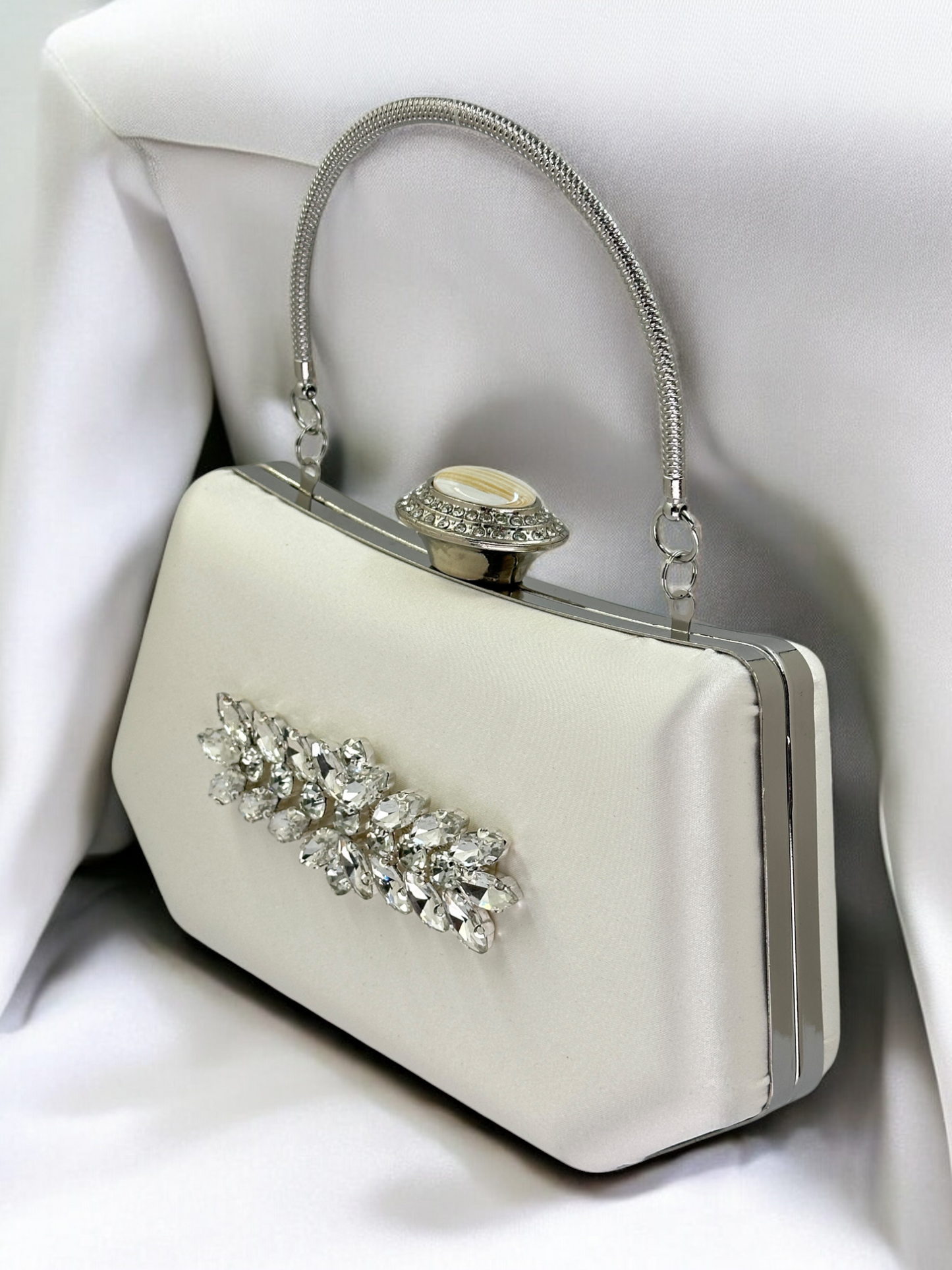 Ekru Saten Kristal İnci Detaylı Lüks Abiye Çanta | Gece Clutch