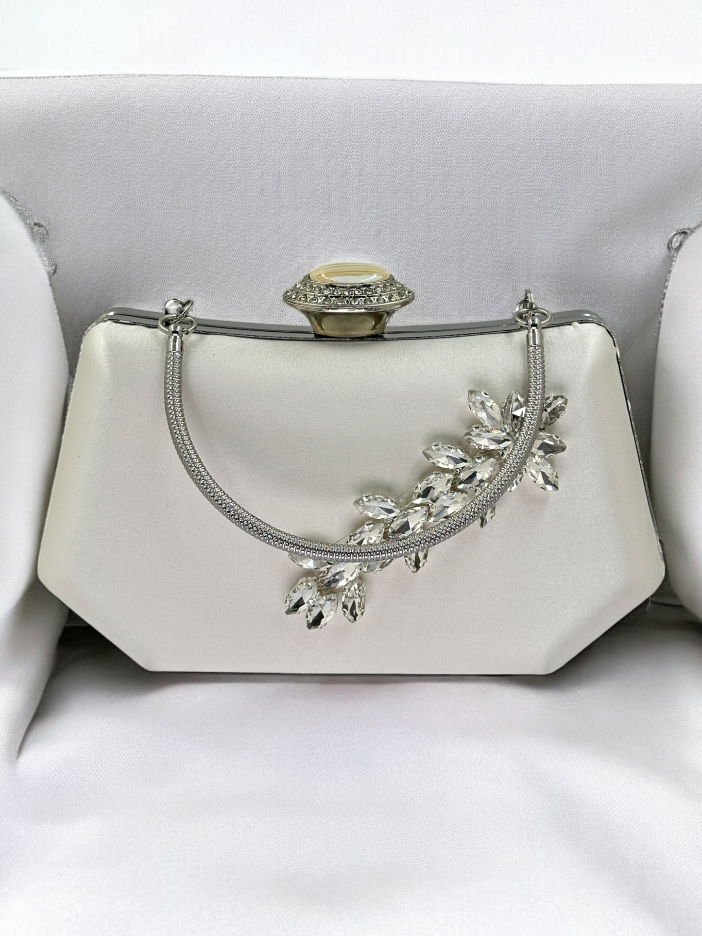 Ekru Saten Kristal İnci Detaylı Lüks Abiye Çanta | Gece Clutch