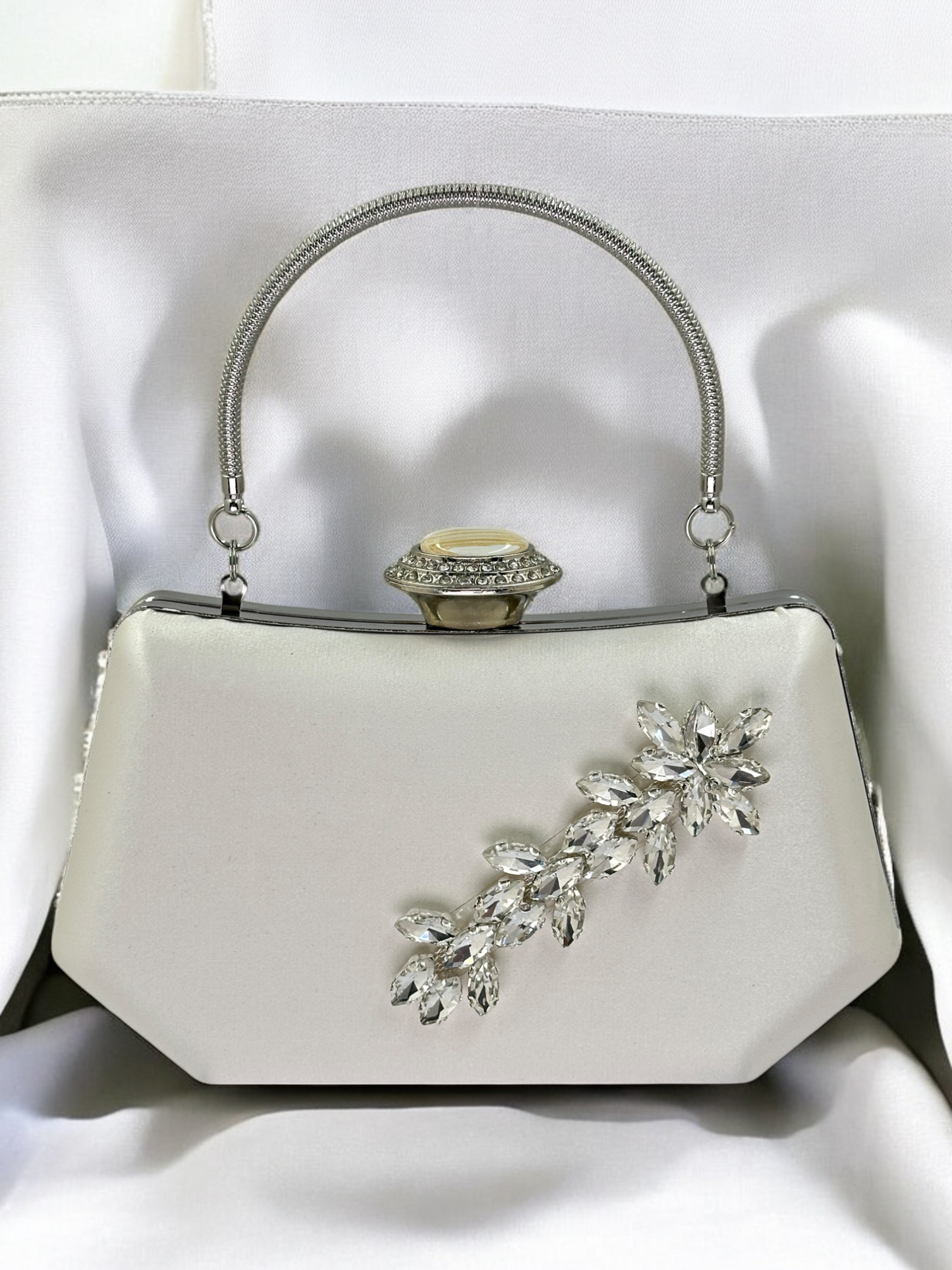 Ekru Saten Kristal İnci Detaylı Lüks Abiye Çanta | Gece Clutch
