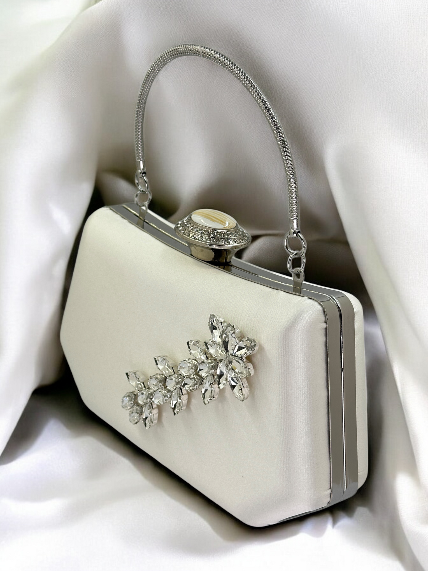 Ekru Saten Kristal İnci Detaylı Lüks Abiye Çanta | Gece Clutch
