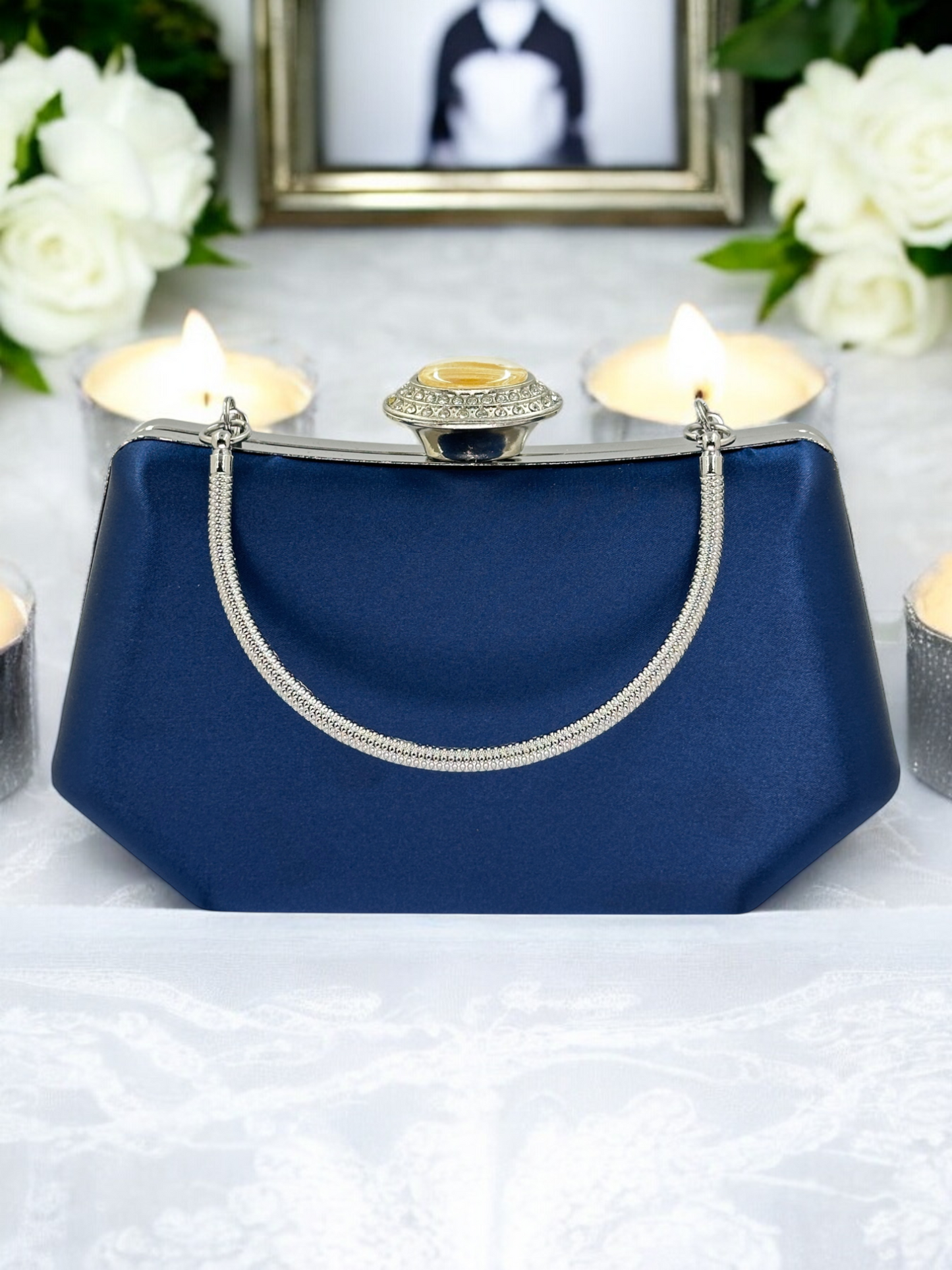 Lacivert Saten Kristal Taşlı İnci Detaylı Abiye Çanta