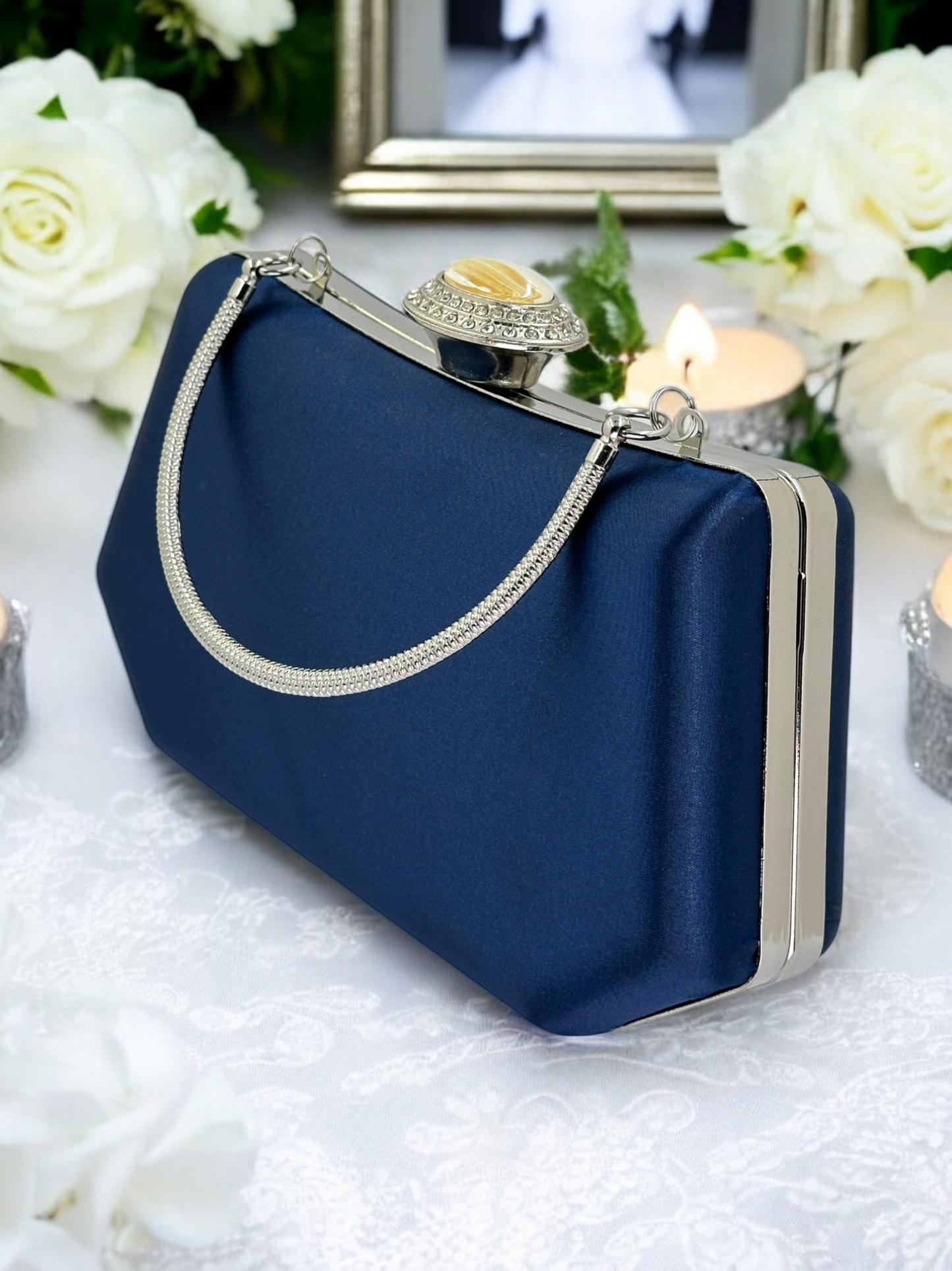 Lacivert Saten Kristal Taşlı İnci Detaylı Abiye Çanta