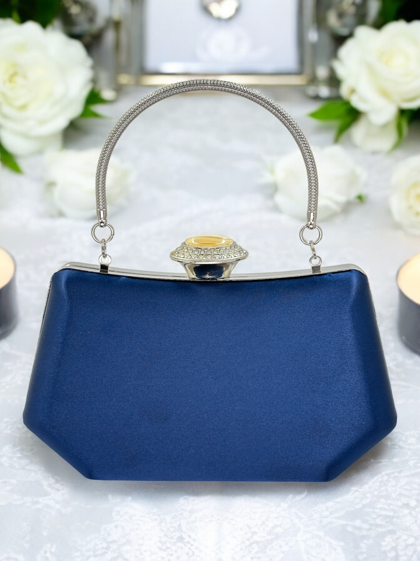 Lacivert Saten Kristal Taşlı İnci Detaylı Abiye Çanta