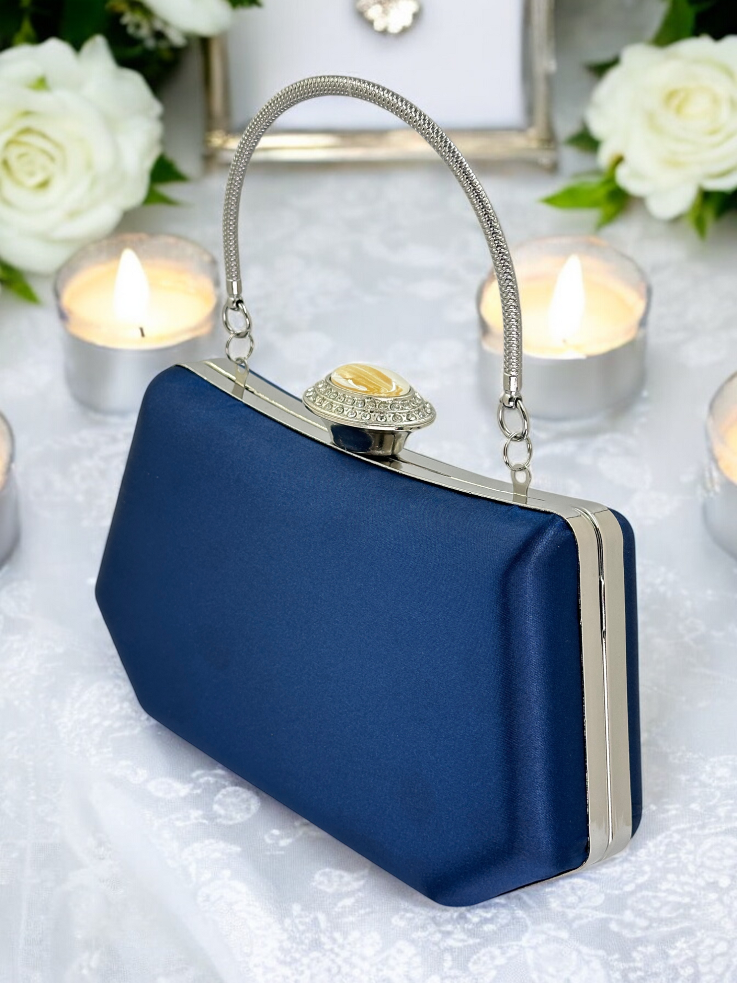 Lacivert Saten Kristal Taşlı İnci Detaylı Abiye Çanta