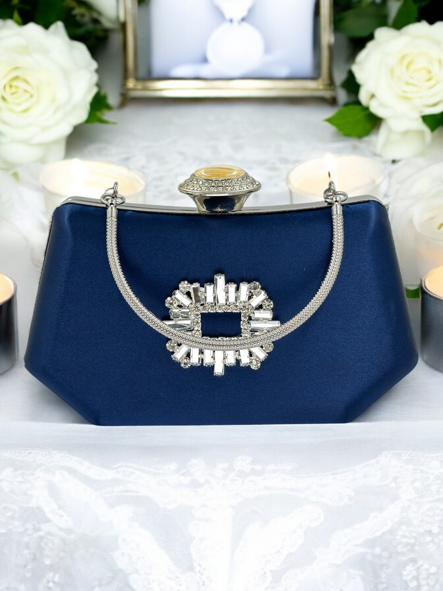 Lacivert Saten Kristal Taşlı İnci Detaylı Abiye Çanta