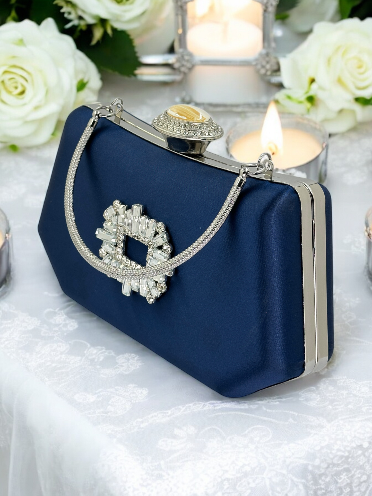 Lacivert Saten Kristal Taşlı İnci Detaylı Abiye Çanta