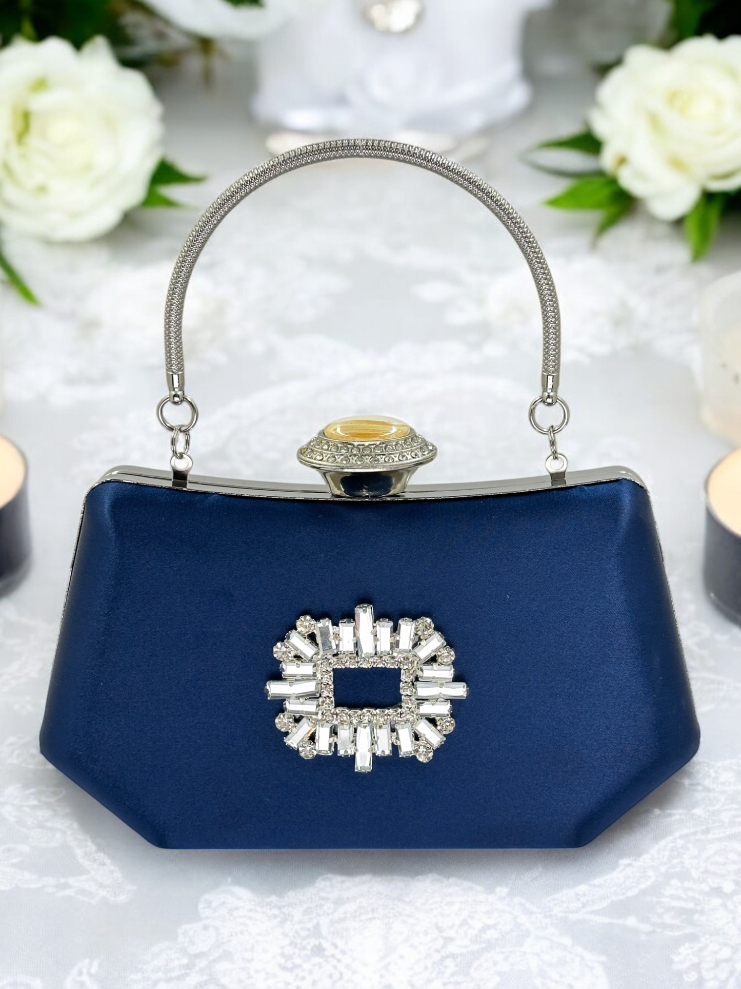 Lacivert Saten Kristal Taşlı İnci Detaylı Abiye Çanta