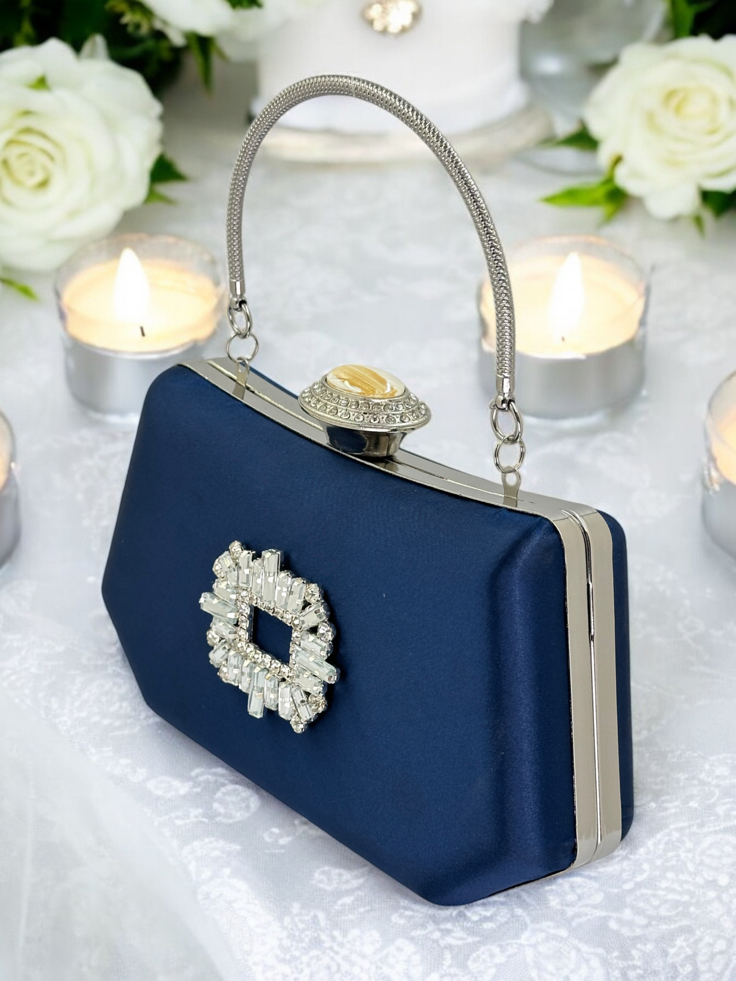 Lacivert Saten Kristal Taşlı İnci Detaylı Abiye Çanta